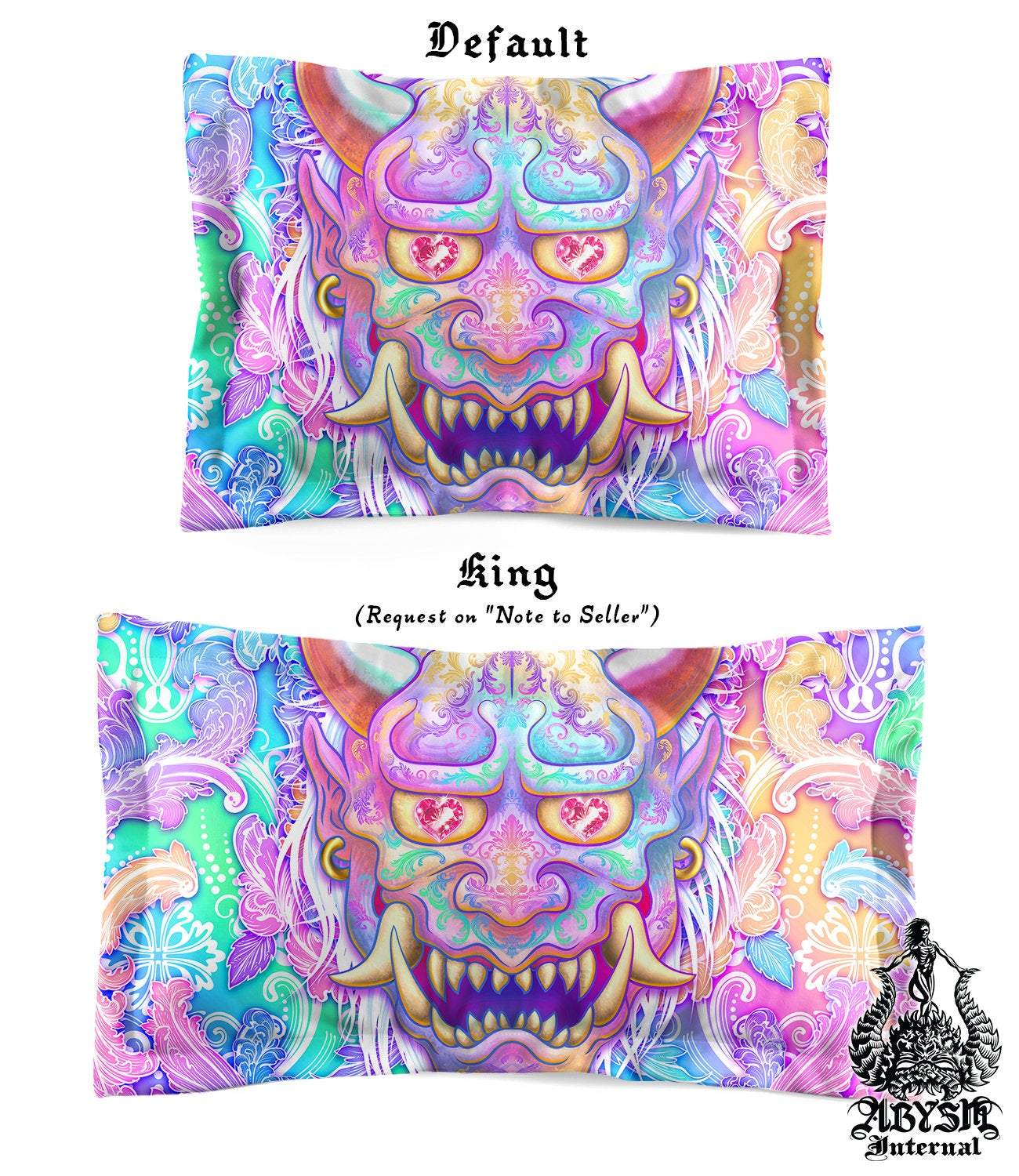 Oni Bedding Set, Comforter and Duvet, Aesthetic Bed Cover, Kawaii Gamer Bedroom Decor Bedroom, Indie Room, King, Queen and Twin Size - Pastel Japanese Demon, - Abysm Internal