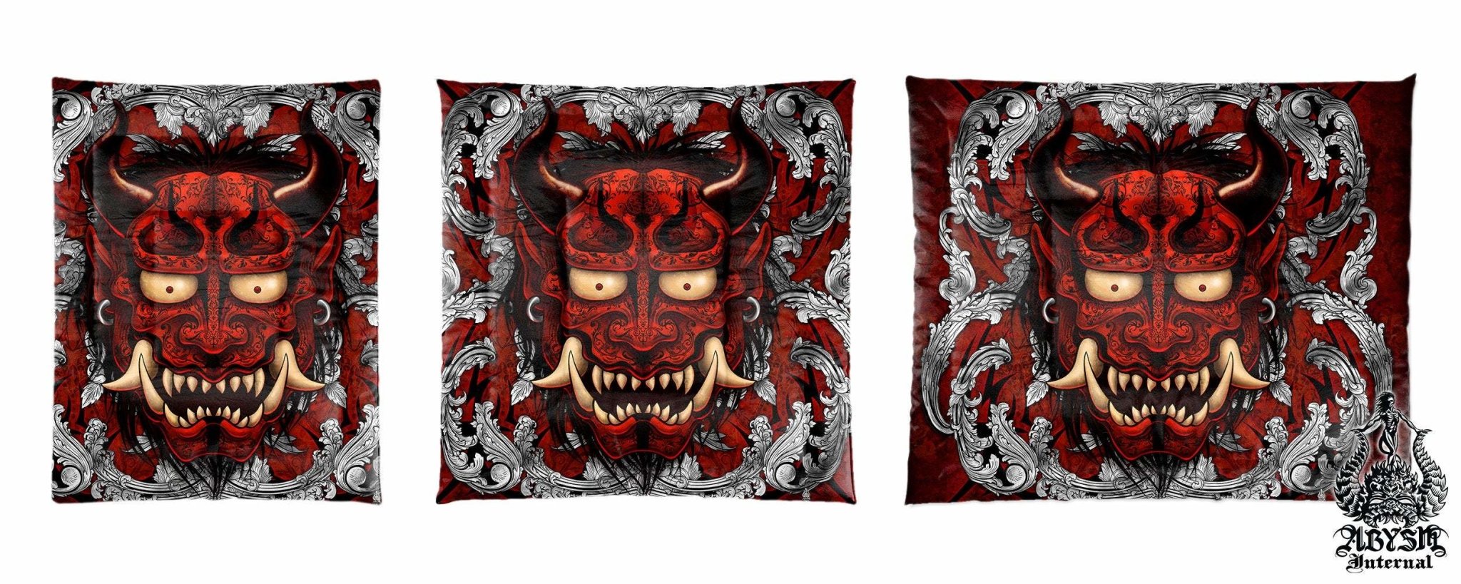 Oni Bedding Set, Comforter and Duvet, Anime Bed Cover, Alternative Bedroom Decor, King, Queen and Twin Size - Silver & Red, Japanese Demon - Abysm Internal