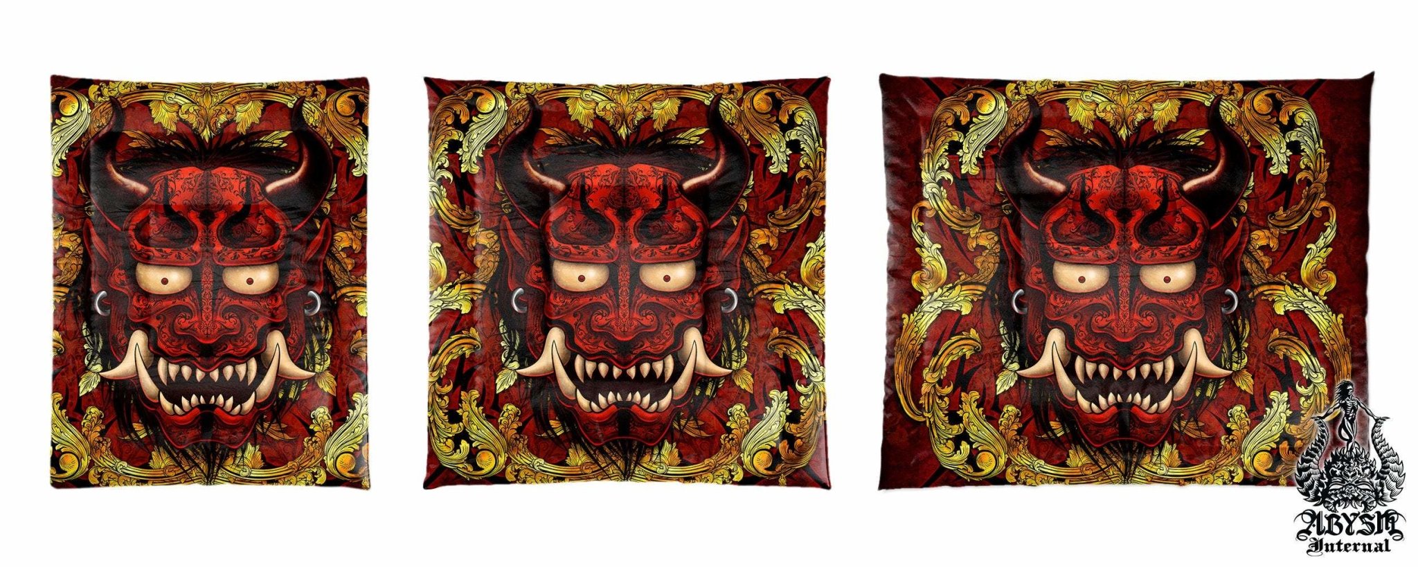 Oni Bedding Set, Comforter and Duvet, Anime Bed Cover and Bedroom Decor, King, Queen and Twin Size - Gold and Red, Japanese Demon - Abysm Internal