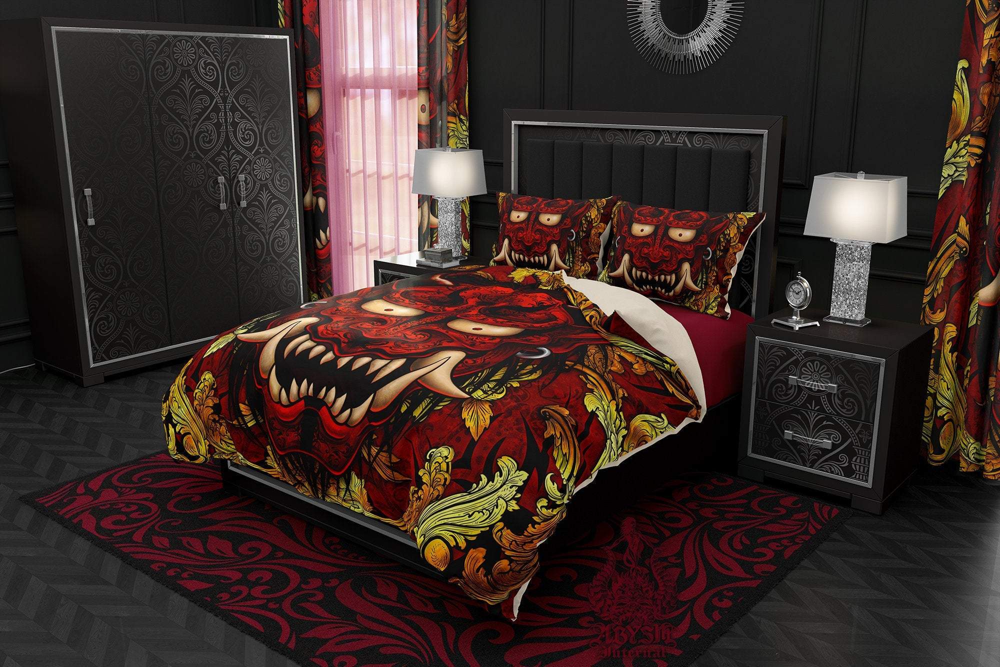 Oni Bedding Set, Comforter and Duvet, Anime Bed Cover and Bedroom Decor, King, Queen and Twin Size - Gold and Red, Japanese Demon - Abysm Internal