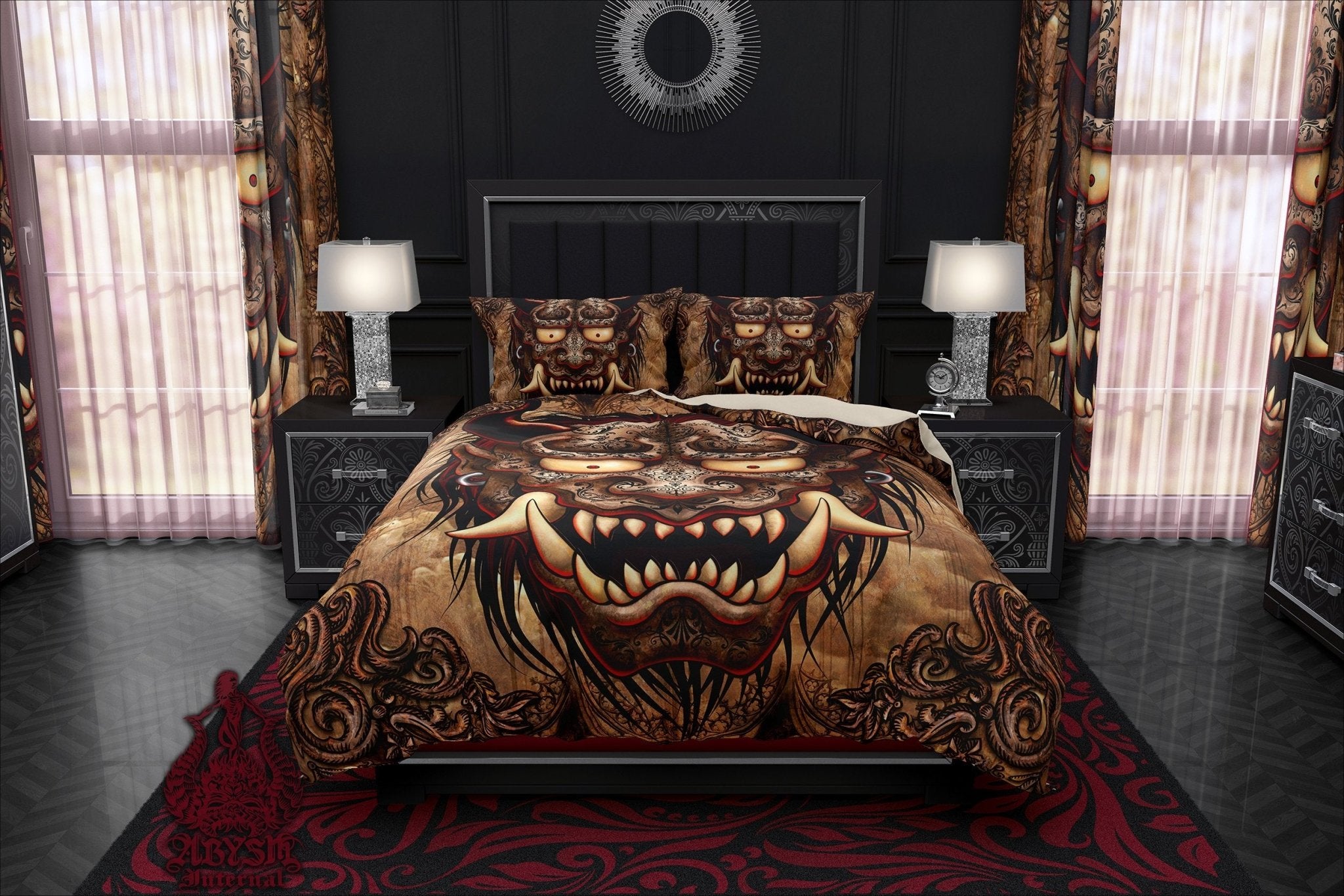 Oni Bedding Set, Comforter and Duvet, Goth Gargoyle Bed Cover and Bedroom Decor, Japanese Demon, King, Queen and Twin Size - Beige - Abysm Internal