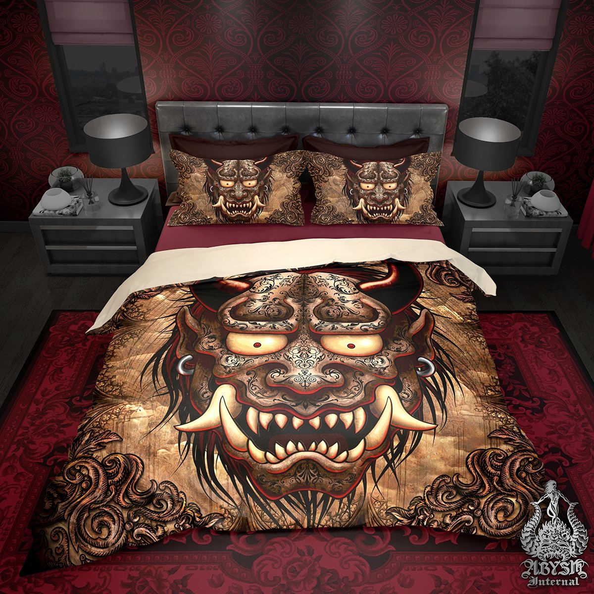 Oni Bedding Set, Comforter and Duvet, Goth Gargoyle Bed Cover and Bedroom Decor, Japanese Demon, King, Queen and Twin Size - Beige - Abysm Internal