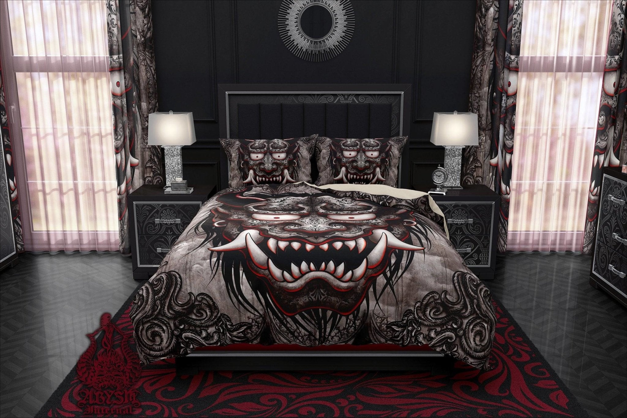 Oni Bedding Set, Comforter and Duvet, Gothic Gargoyle Bed Cover and Bedroom Decor, Japanese Demon, King, Queen and Twin Size - Grey - Abysm Internal