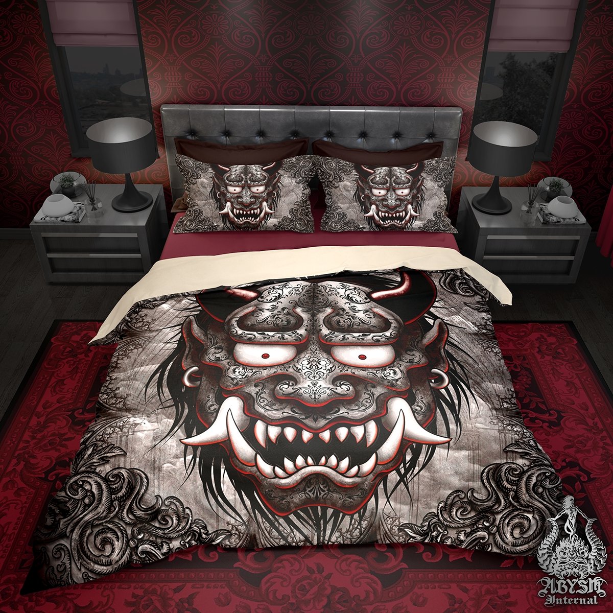 Oni Bedding Set, Comforter and Duvet, Gothic Gargoyle Bed Cover and Bedroom Decor, Japanese Demon, King, Queen and Twin Size - Grey - Abysm Internal