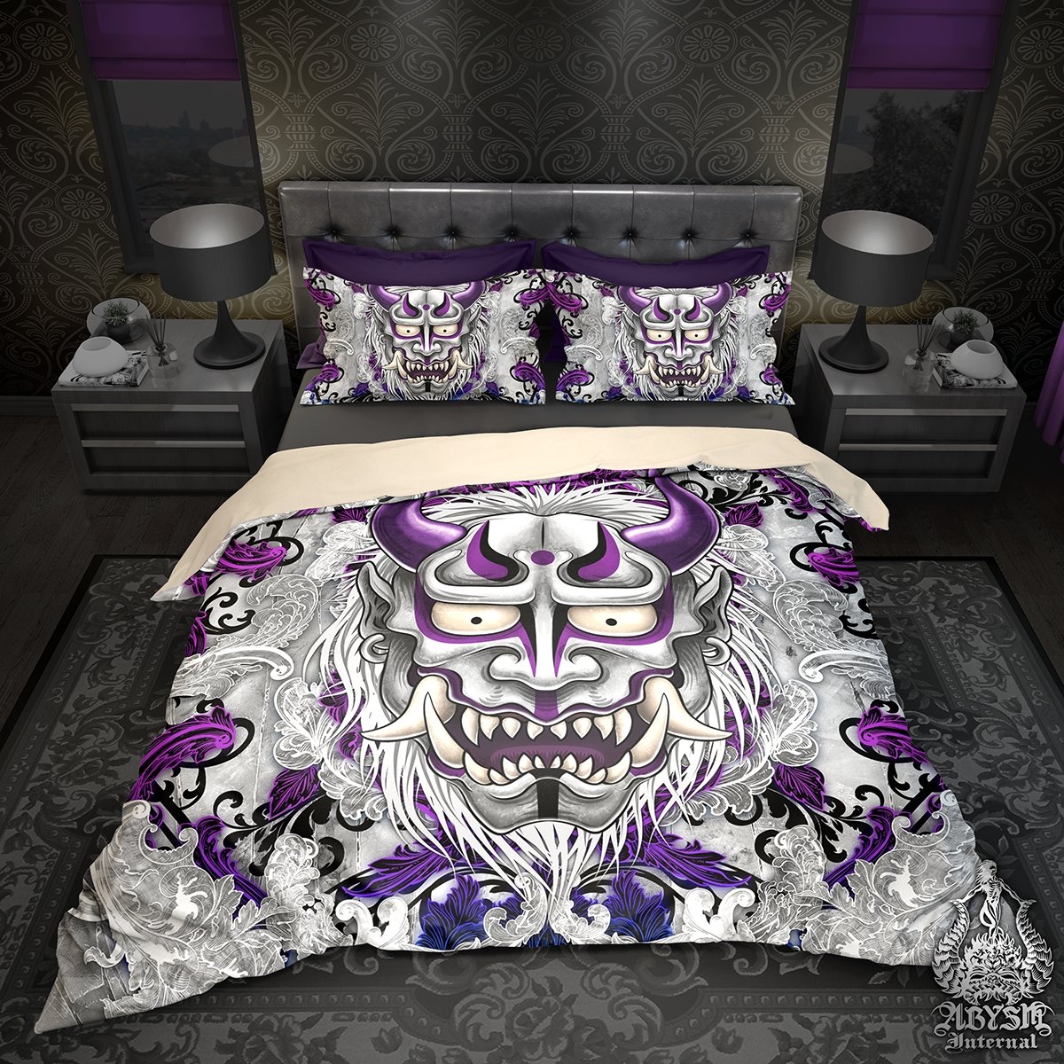 Oni Bedding Set, Comforter and Duvet, Japanese Demon, Pastel Goth Bed Cover and Bedroom Decor, King, Queen and Twin Size - White and Purple - Abysm Internal