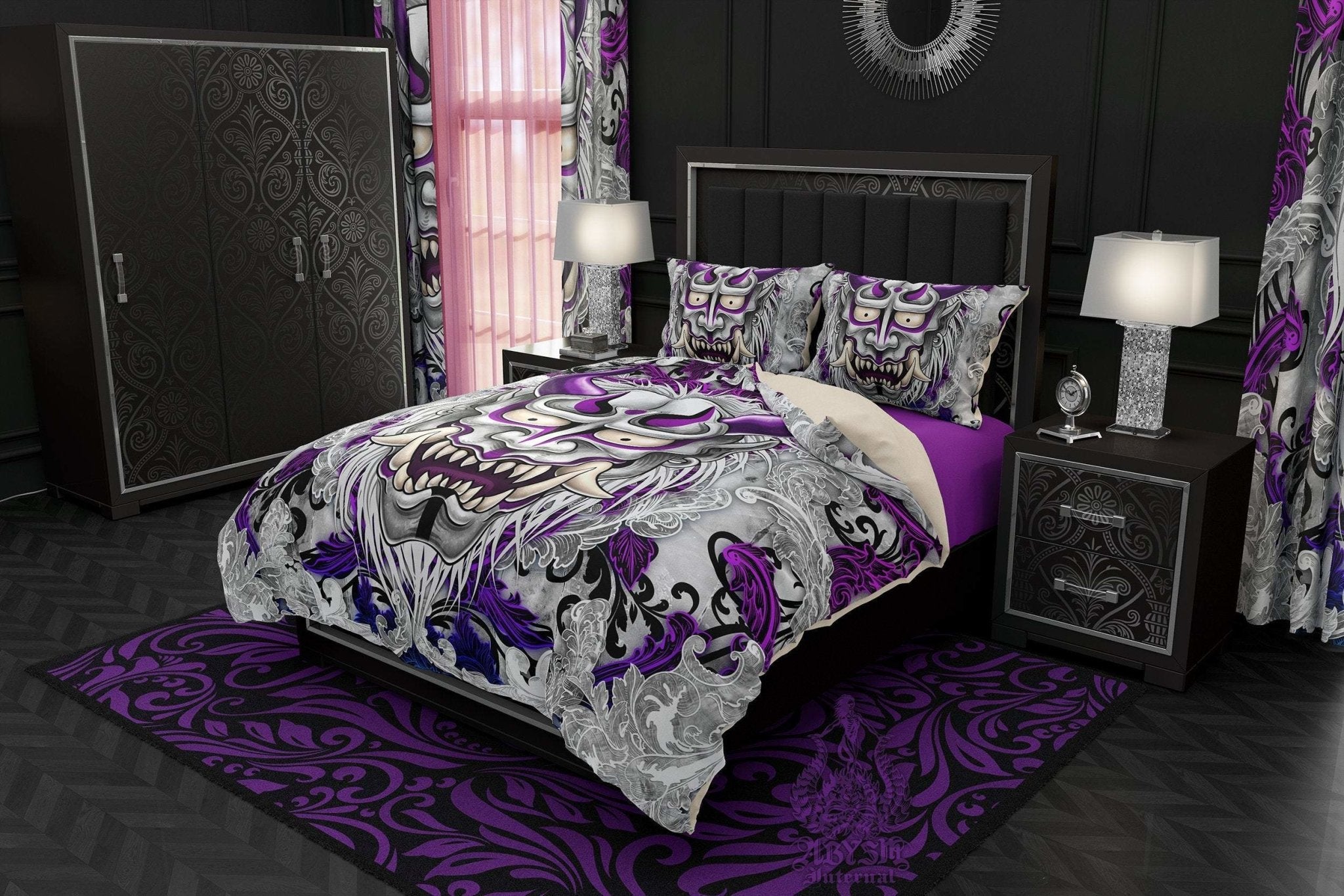 Oni Bedding Set, Comforter and Duvet, Japanese Demon, Pastel Goth Bed Cover and Bedroom Decor, King, Queen and Twin Size - White and Purple - Abysm Internal