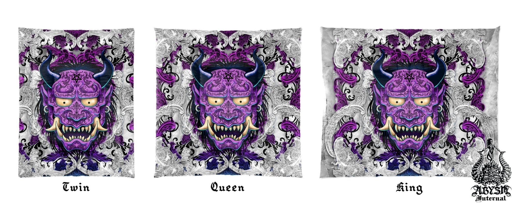 Oni Bedding Set, Comforter and Duvet, White and Pastel Goth Bed Cover and Bedroom Decor, King, Queen and Twin Size - Japanese Demon, Purple - Abysm Internal