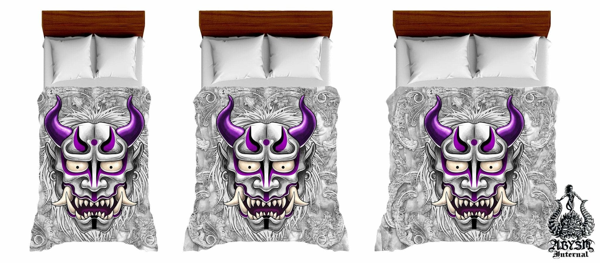 Oni Bedding Set, Comforter and Duvet, White Goth Bed Cover and Bedroom Decor, Japanese Demon, King, Queen and Twin Size - Stone - Abysm Internal