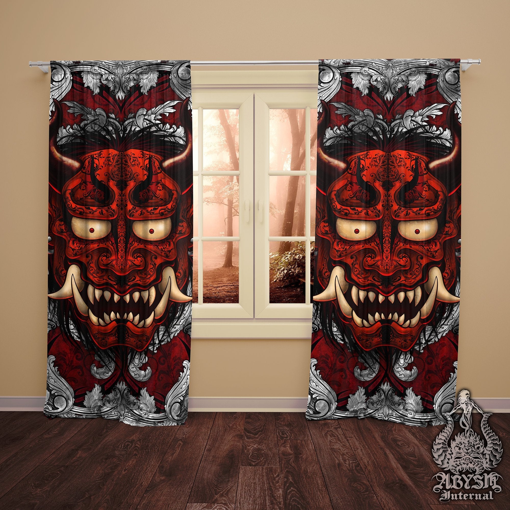 Oni Blackout Curtains, Long Window Panels, Japanese Demon, Dark Fantasy Decor, Art Print - Silver & Red - Abysm Internal