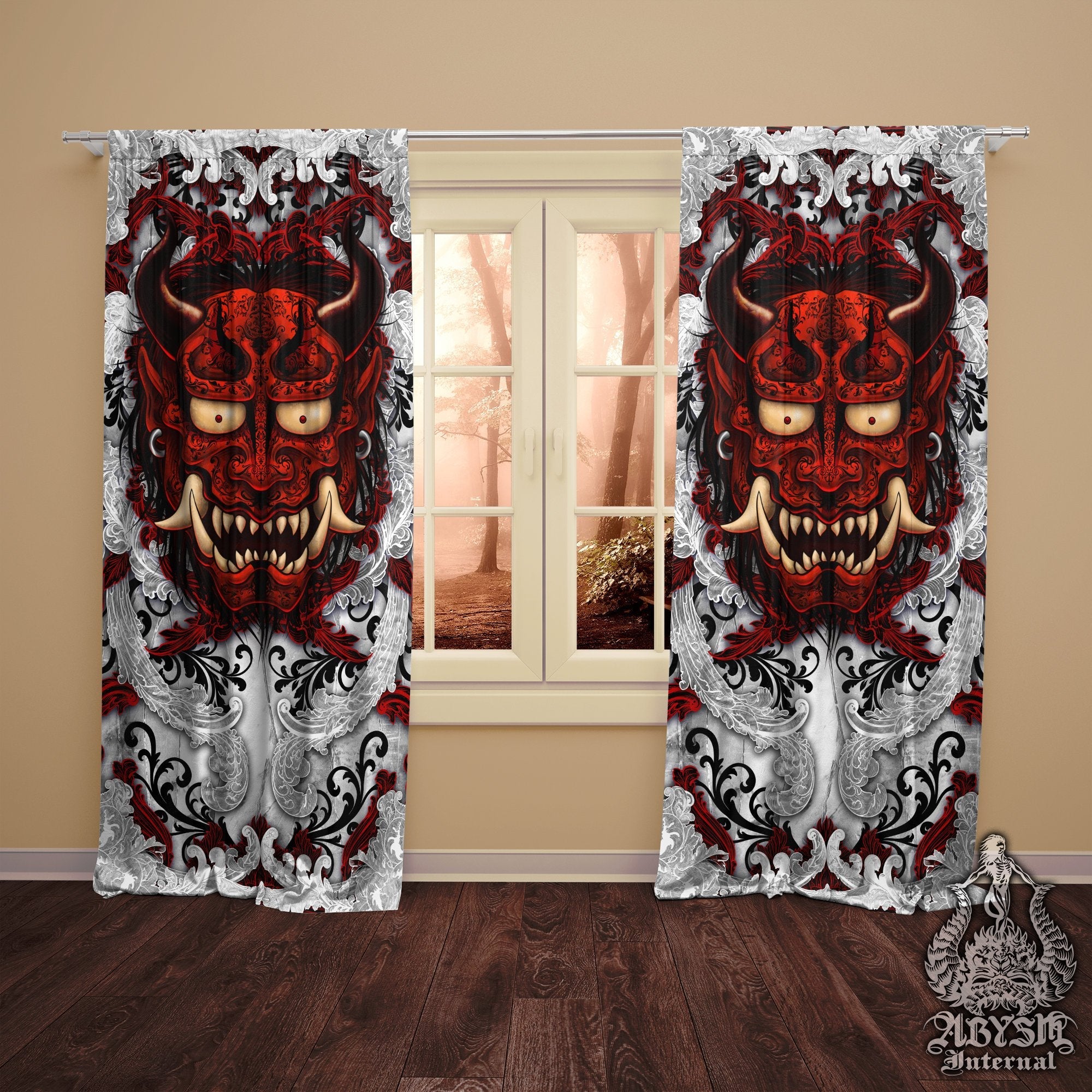 Oni Blackout Curtains, Long Window Panels, Japanese Demon, Fantasy Room Decor, Art Print - Bloody White Goth - Abysm Internal