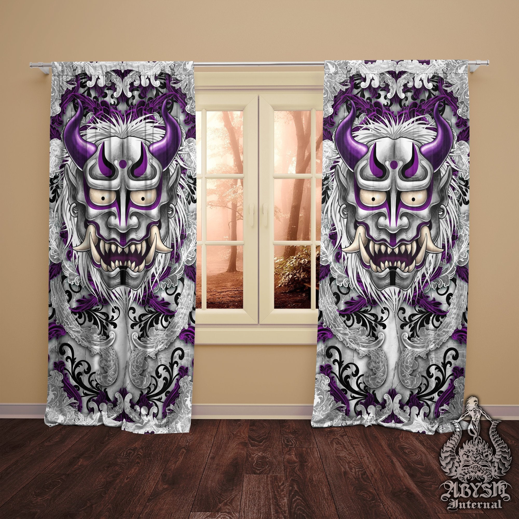 Oni Blackout Curtains, Long Window Panels, Japanese Demon, Fantasy Room Decor, Art Print - Purple & White Goth - Abysm Internal