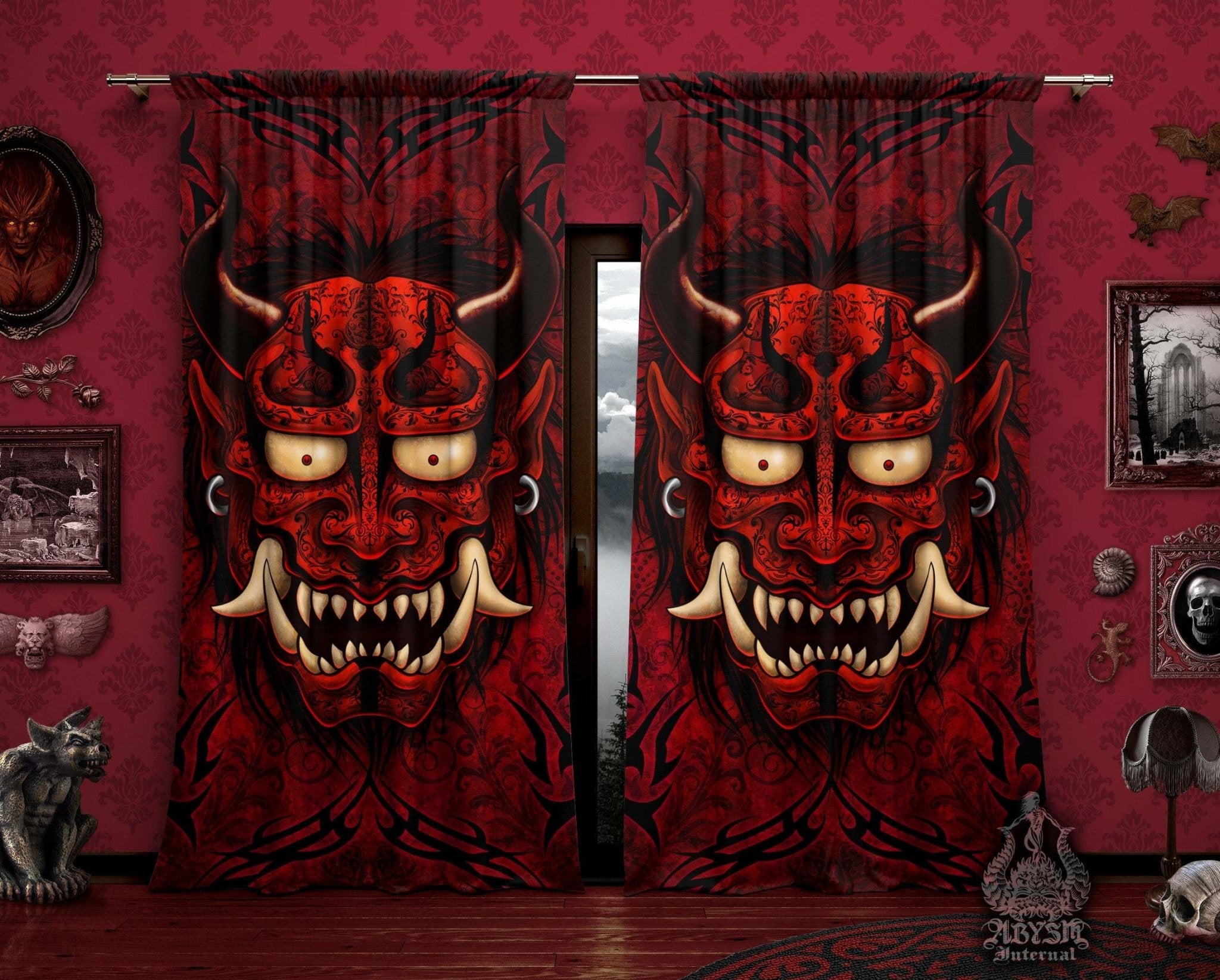 Oni Blackout Curtains, Long Window Panels, Japanese Demon, Gothic Home Decor, Art Print - Red & Black - Abysm Internal
