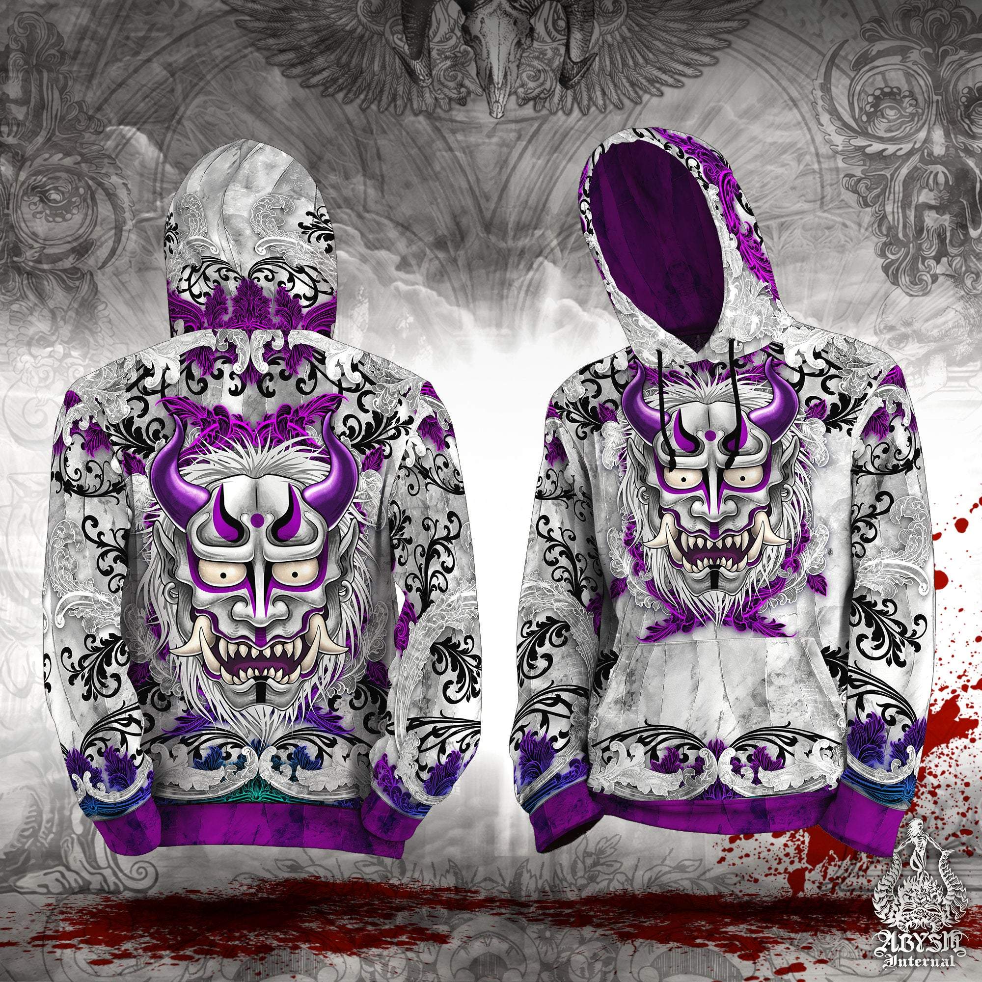 Oni Demon Hoodie, Japanese Streetwear, Graffiti and Street Outfit, Alternative Clothing, Unisex - Pastel and White Goth - Abysm Internal