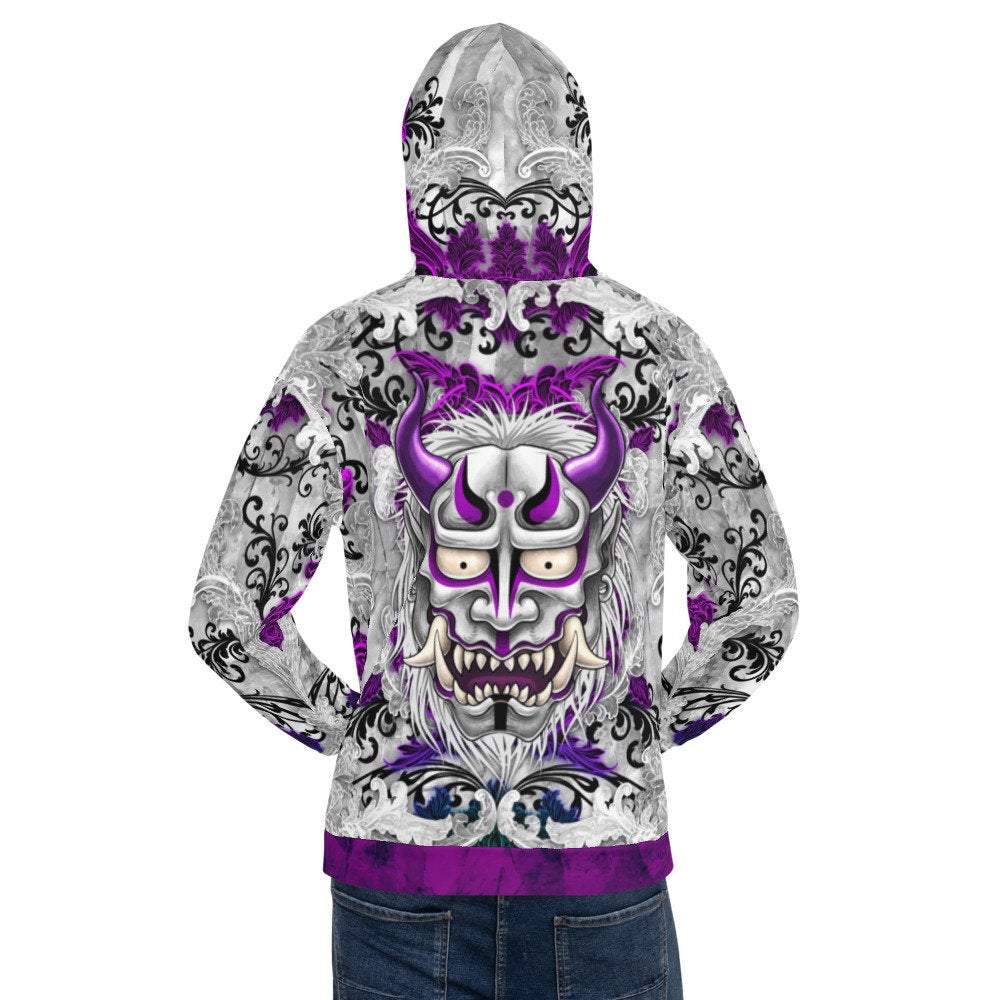 Oni Demon Hoodie, Japanese Streetwear, Graffiti and Street Outfit, Alternative Clothing, Unisex - Pastel and White Goth - Abysm Internal