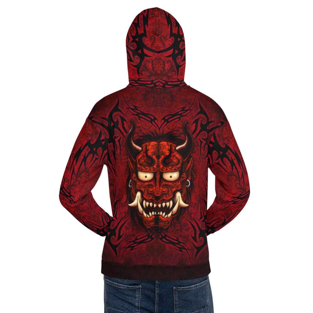 Oni Hoodie, Goth Japanese Streetwear, Goth Street Outfit, Alternative Clothing, Unisex - Red Demon, Black Tattoo - Abysm Internal