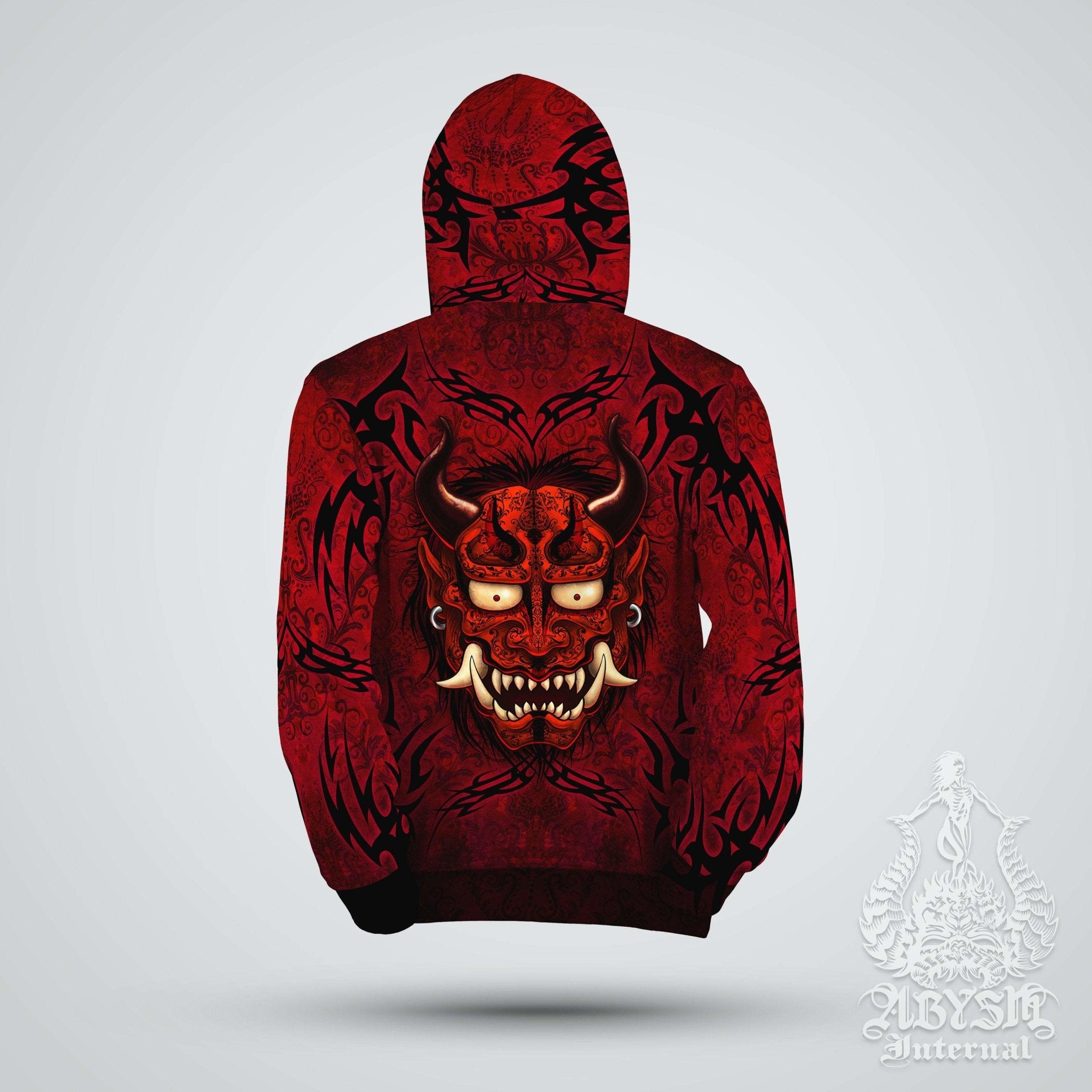 Oni Hoodie, Goth Japanese Streetwear, Goth Street Outfit, Alternative Clothing, Unisex - Red Demon, Black Tattoo - Abysm Internal
