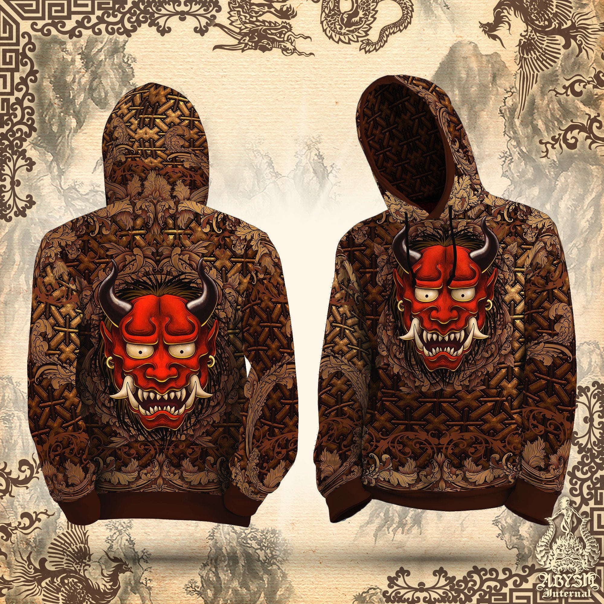 Oni Hoodie, Japanese Streetwear, Demon, Unisex - Red - Abysm Internal
