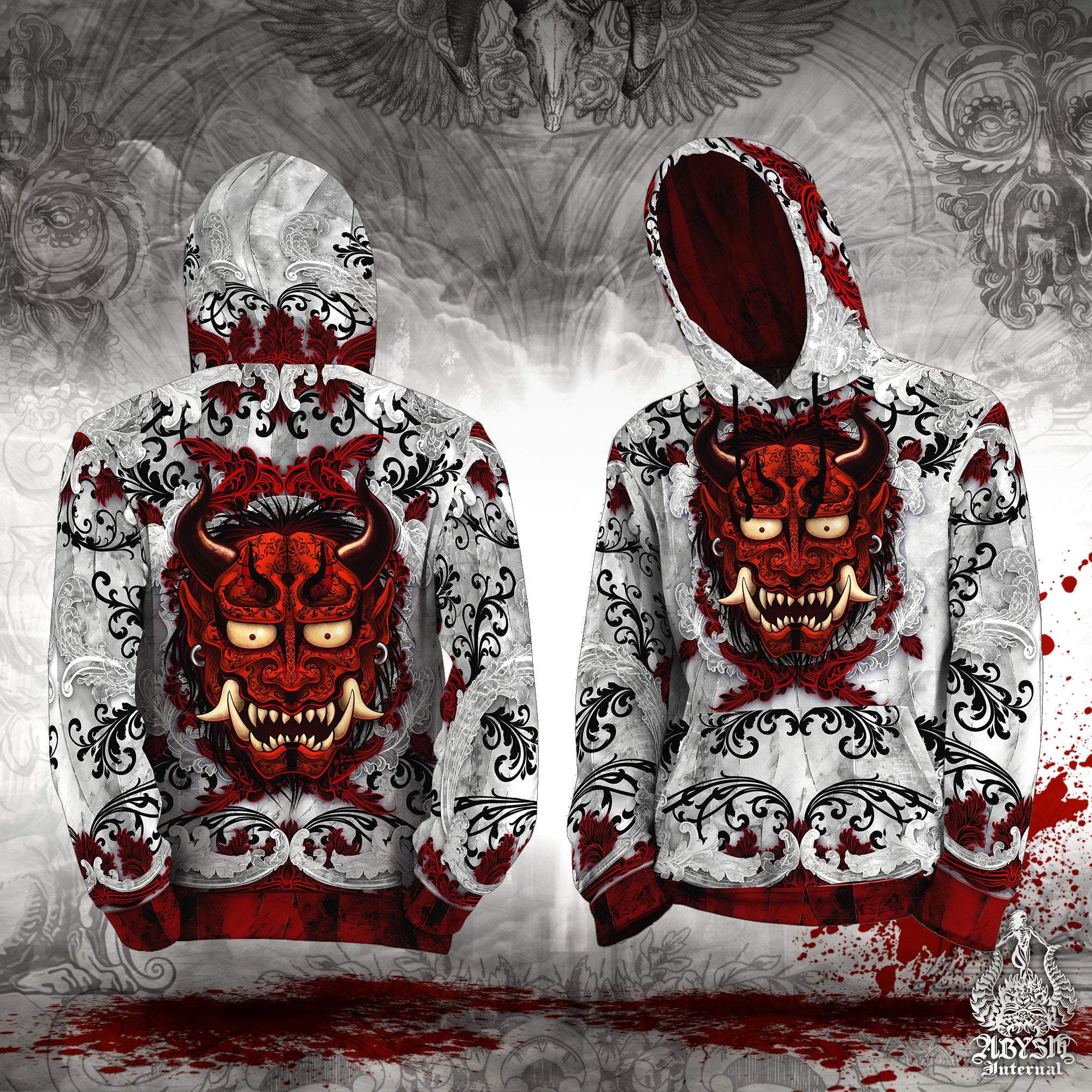 Oni Hoodie, Japanese Streetwear, Street Outfit, Alternative Clothing, Unisex - Bloody Demon, White Goth - Abysm Internal