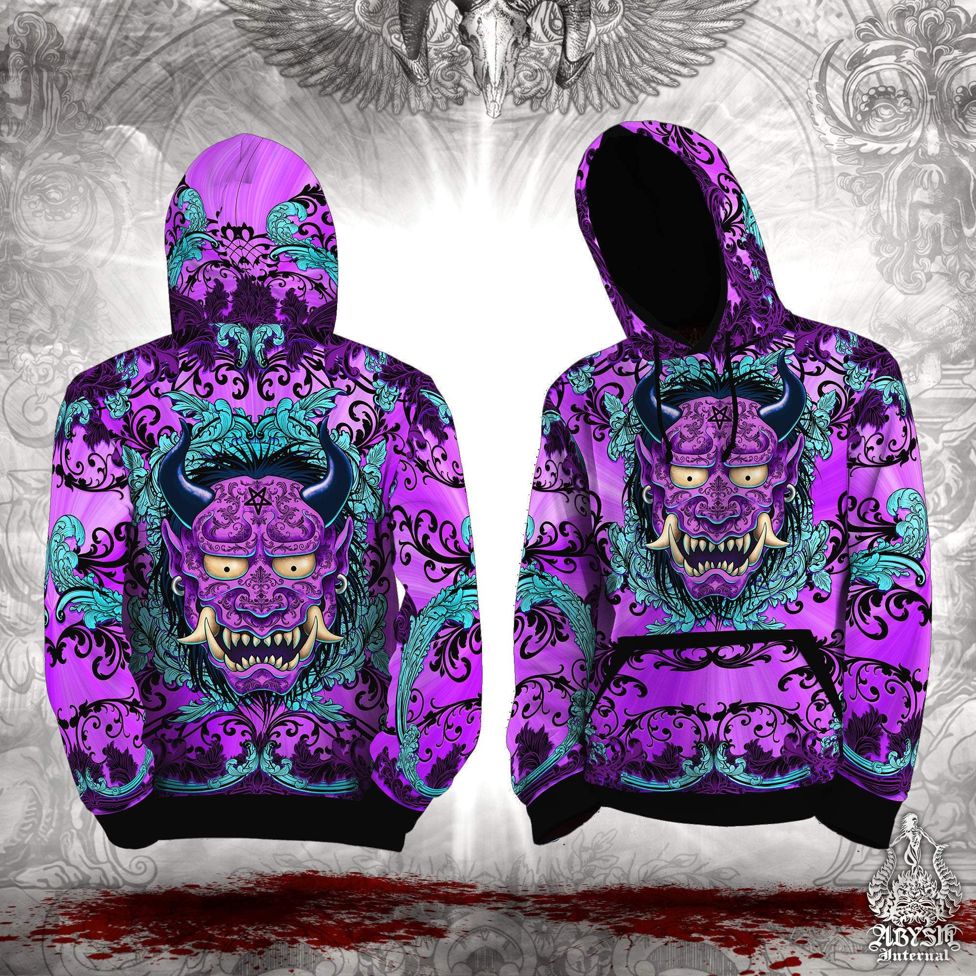 Oni Hoodie, Pastel Goth Streetwear, Rave and Street Outfit, Japanese Demon, Alternative Clothing, Unisex - Dark Psychedelic - Abysm Internal