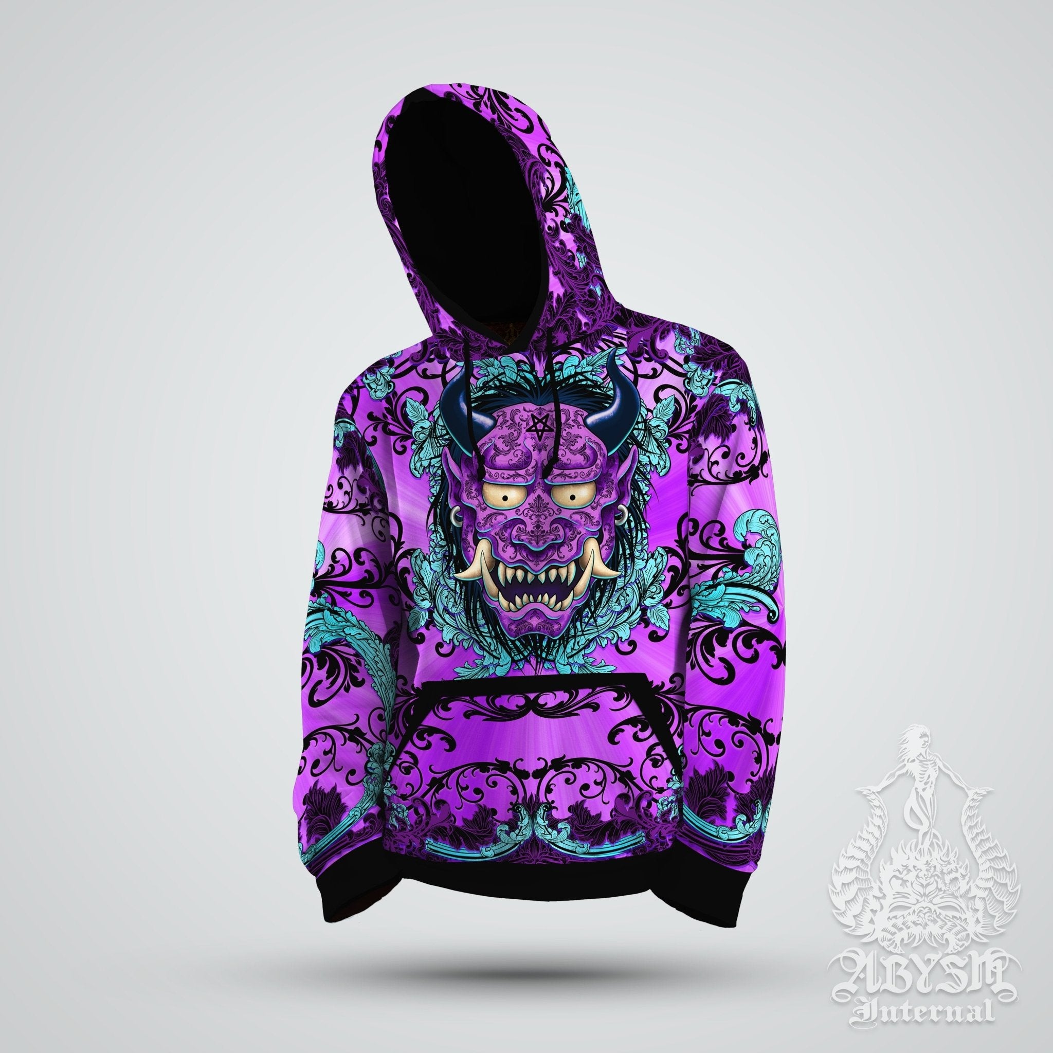 Oni Hoodie, Pastel Goth Streetwear, Rave and Street Outfit, Japanese Demon, Alternative Clothing, Unisex - Dark Psychedelic - Abysm Internal