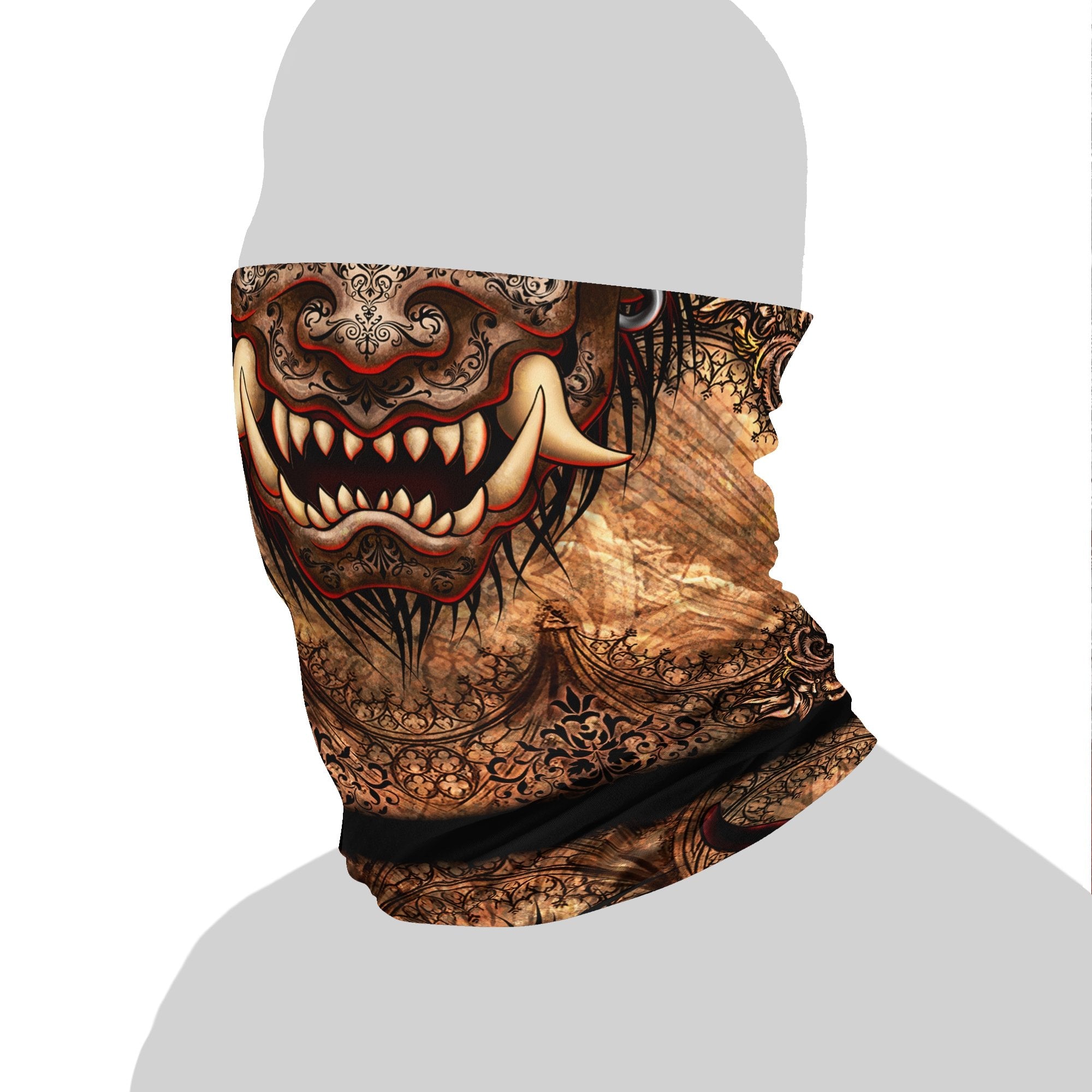 Oni Neck Gaiter, Face Mask, Head Covering, Japanese Demon, Gothic, Fangs, Horns Headband - Gargoyle, Goth Beige - Abysm Internal