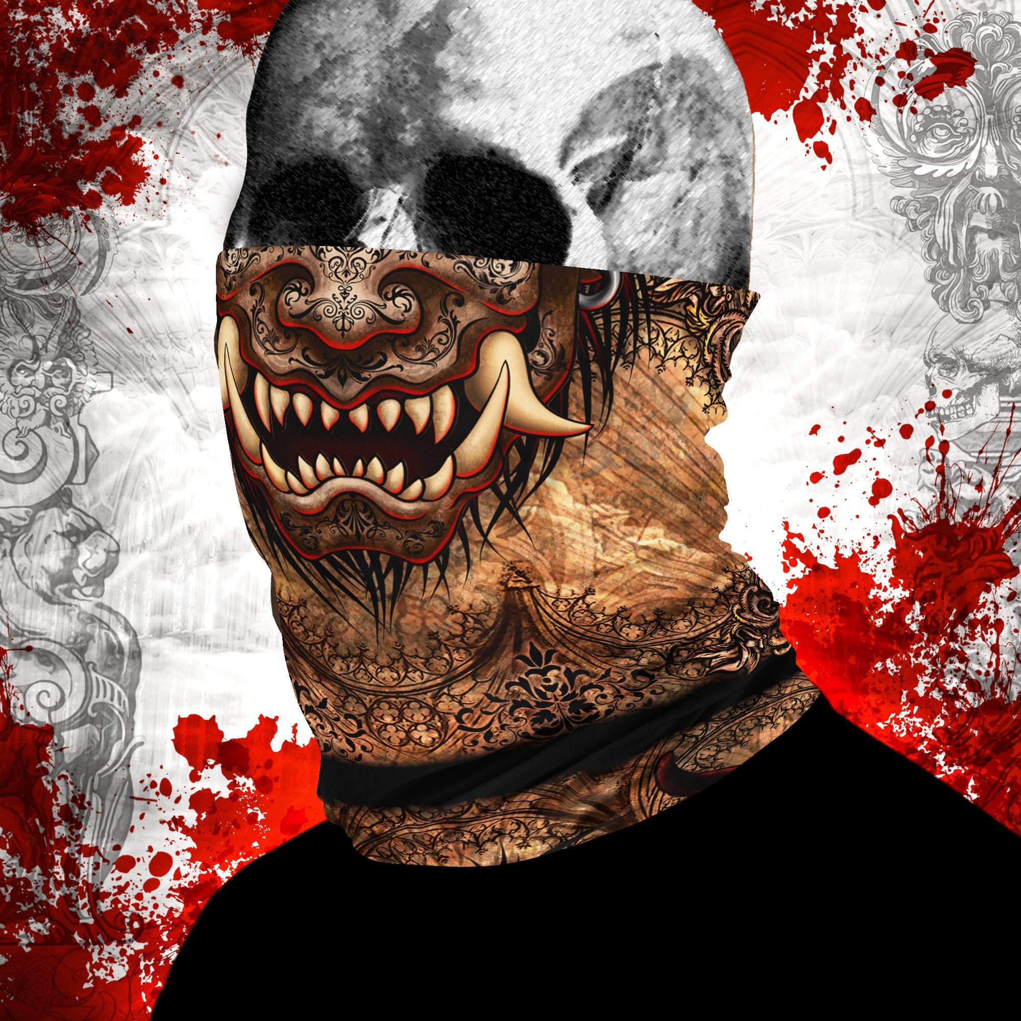 Oni Neck Gaiter, Face Mask, Head Covering, Japanese Demon, Gothic, Fangs, Horns Headband - Gargoyle, Goth Beige - Abysm Internal