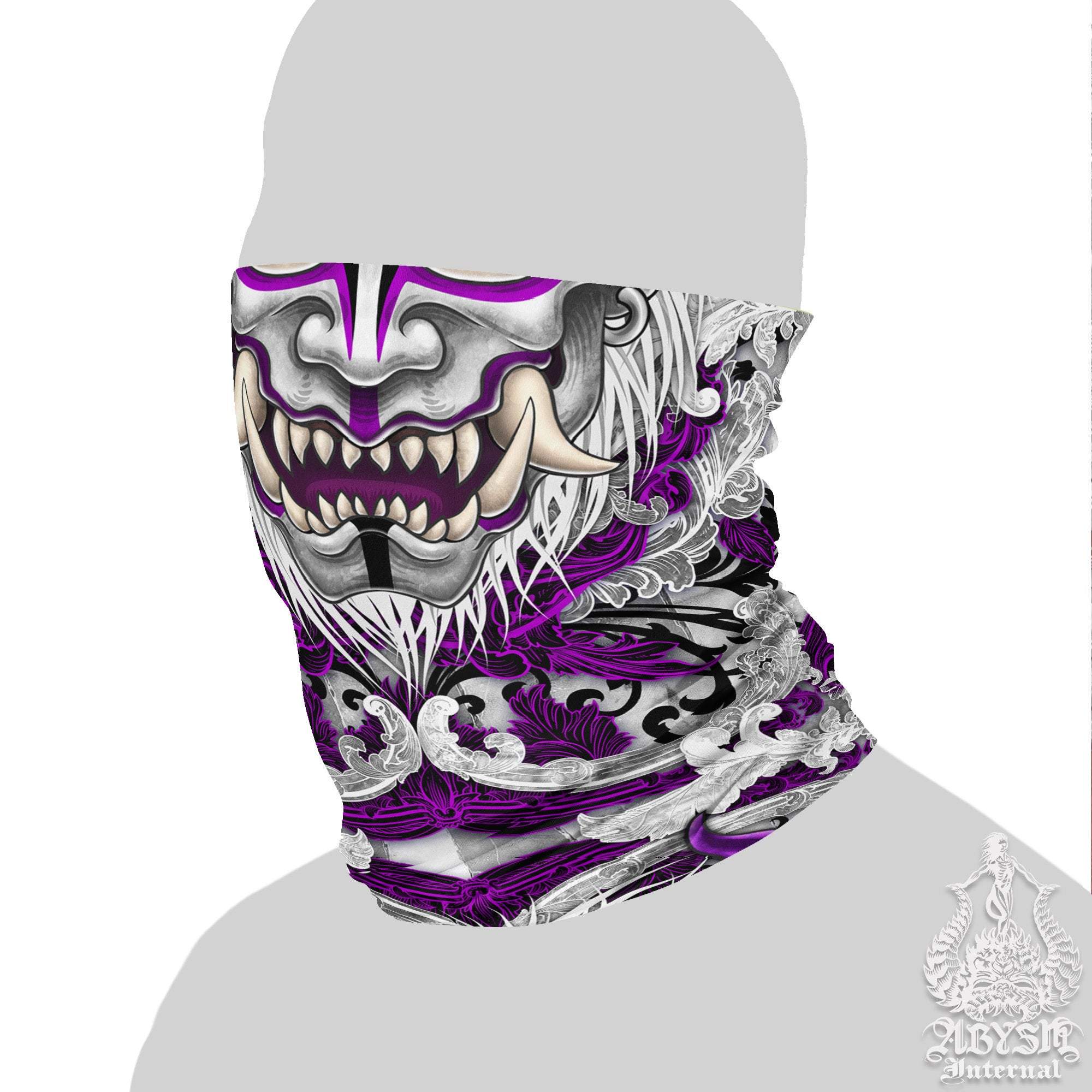 Oni Neck Gaiter, Face Mask, Head Covering, Japanese Demon, Neon Gothic, Fangs, Horns Headband - Pastel & White Goth - Abysm Internal