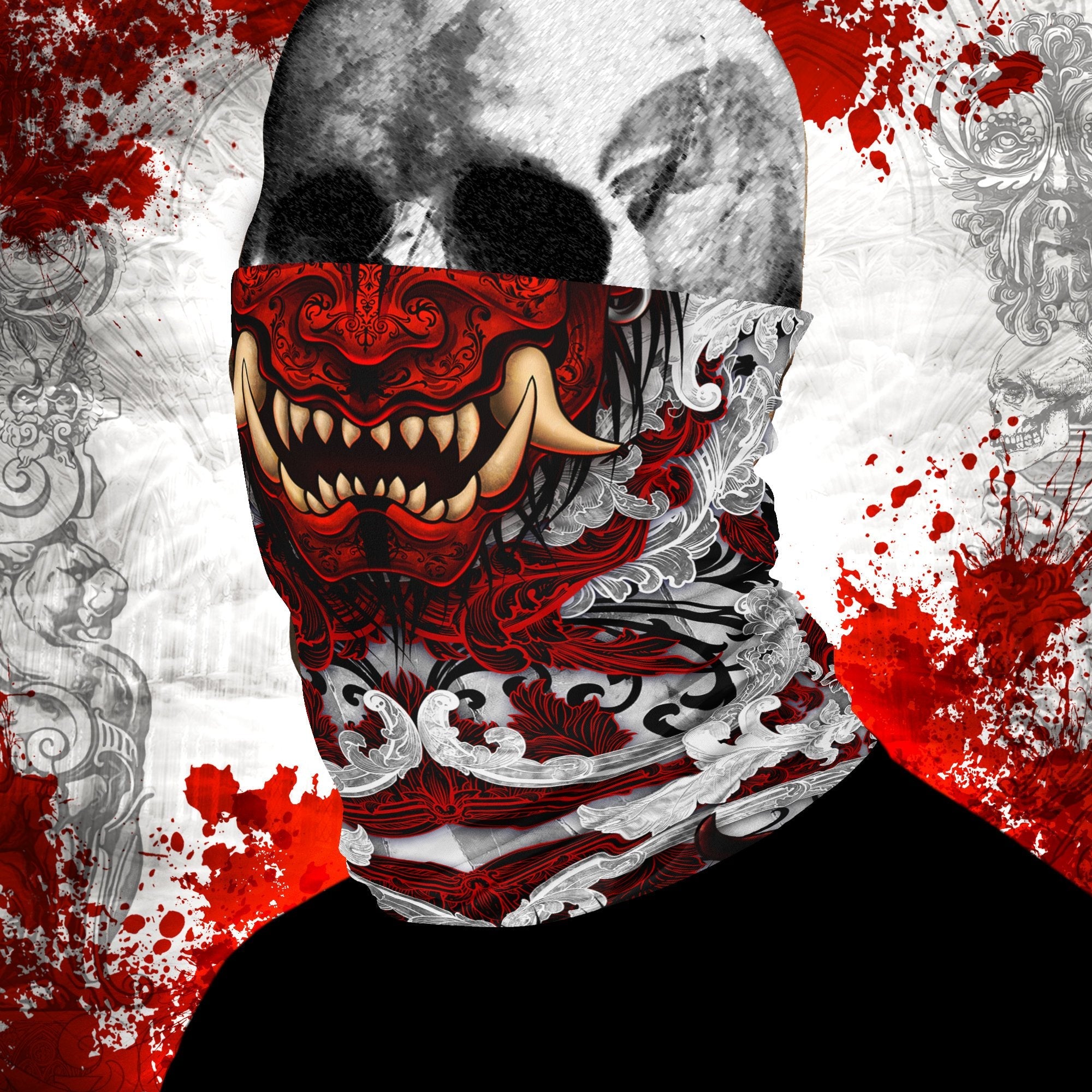 Oni Neck Gaiter, Face Mask, Head Covering, Japanese Demon, Street Outfit, Fangs, Horns Headband - Bloody White Goth - Abysm Internal