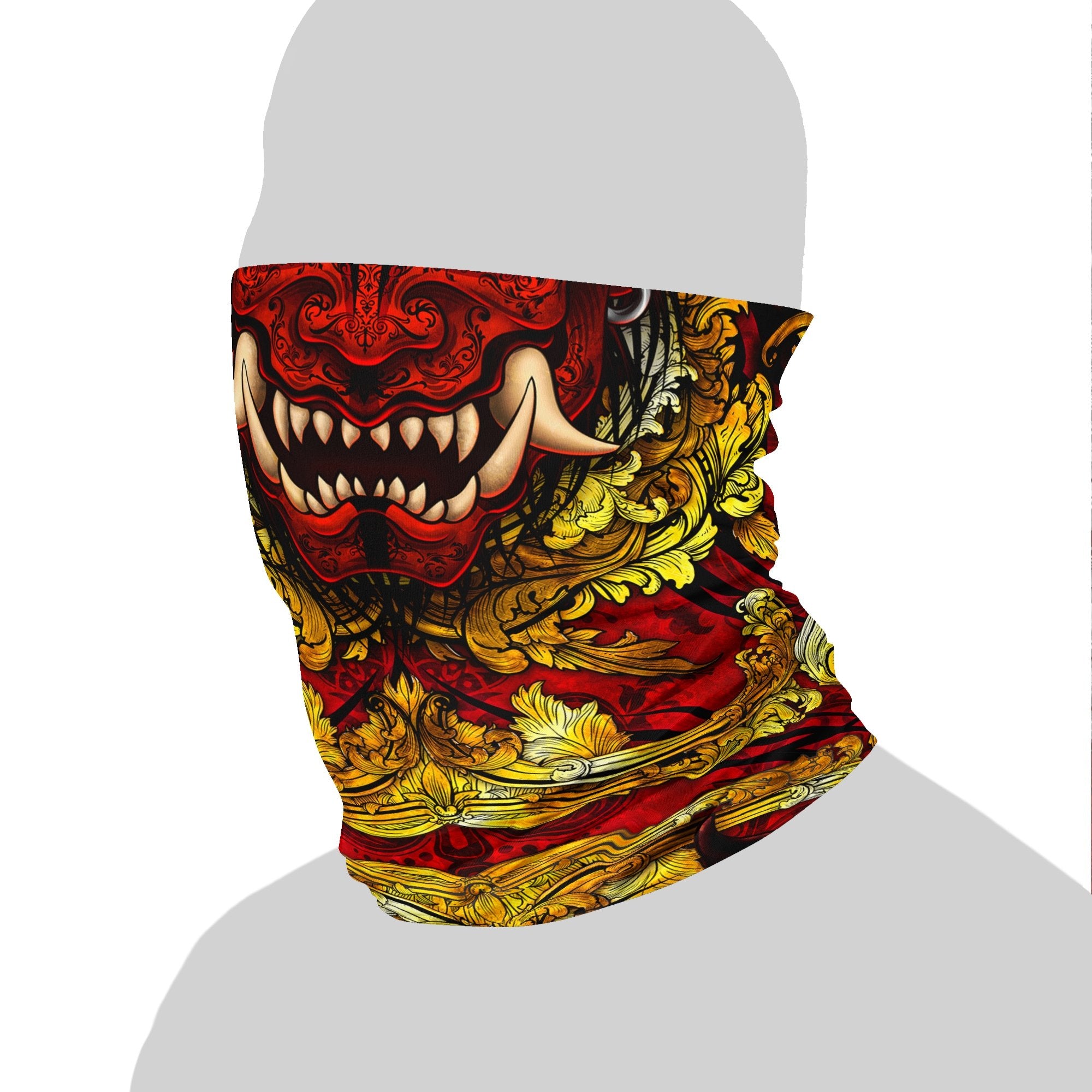 Oni Neck Gaiter, Face Mask, Head Covering, Japanese Demon, Street Outfit, Fangs, Horns Headband - Gold & Red - Abysm Internal