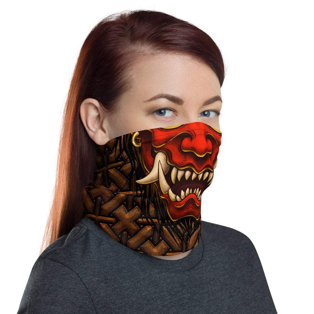 Oni Neck Gaiter, Face Mask, Head Covering, Japanese Demon, Street Outfit, Fangs, Horns Headband - Red - Abysm Internal