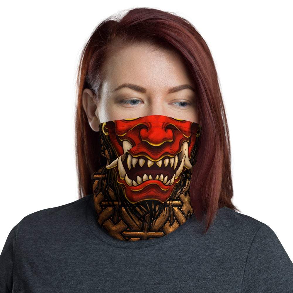 Oni Neck Gaiter, Face Mask, Head Covering, Japanese Demon, Street Outfit, Fangs, Horns Headband - Red - Abysm Internal