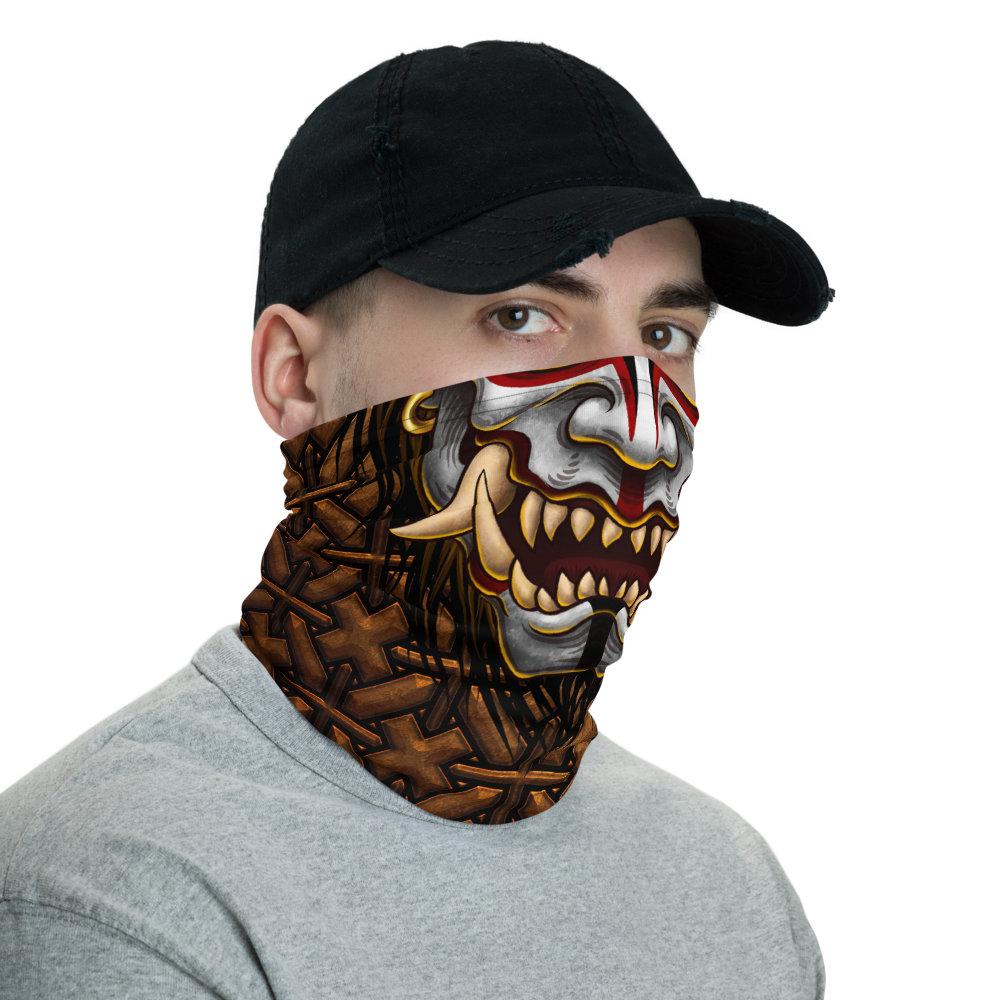 Oni Neck Gaiter, Face Mask, Head Covering, Japanese Demon, Street Outfit, Fangs, Horns Headband - White - Abysm Internal