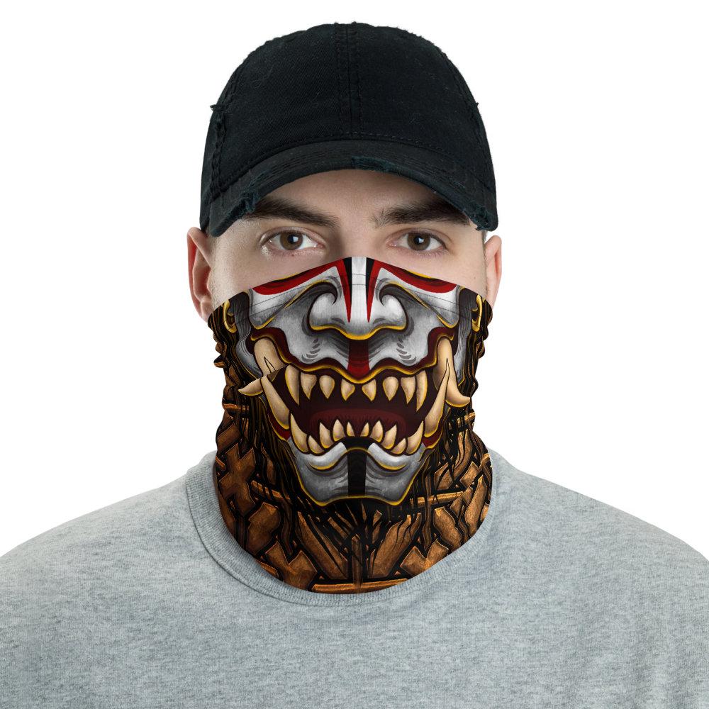 Oni Neck Gaiter, Face Mask, Head Covering, Japanese Demon, Street Outfit, Fangs, Horns Headband - White - Abysm Internal