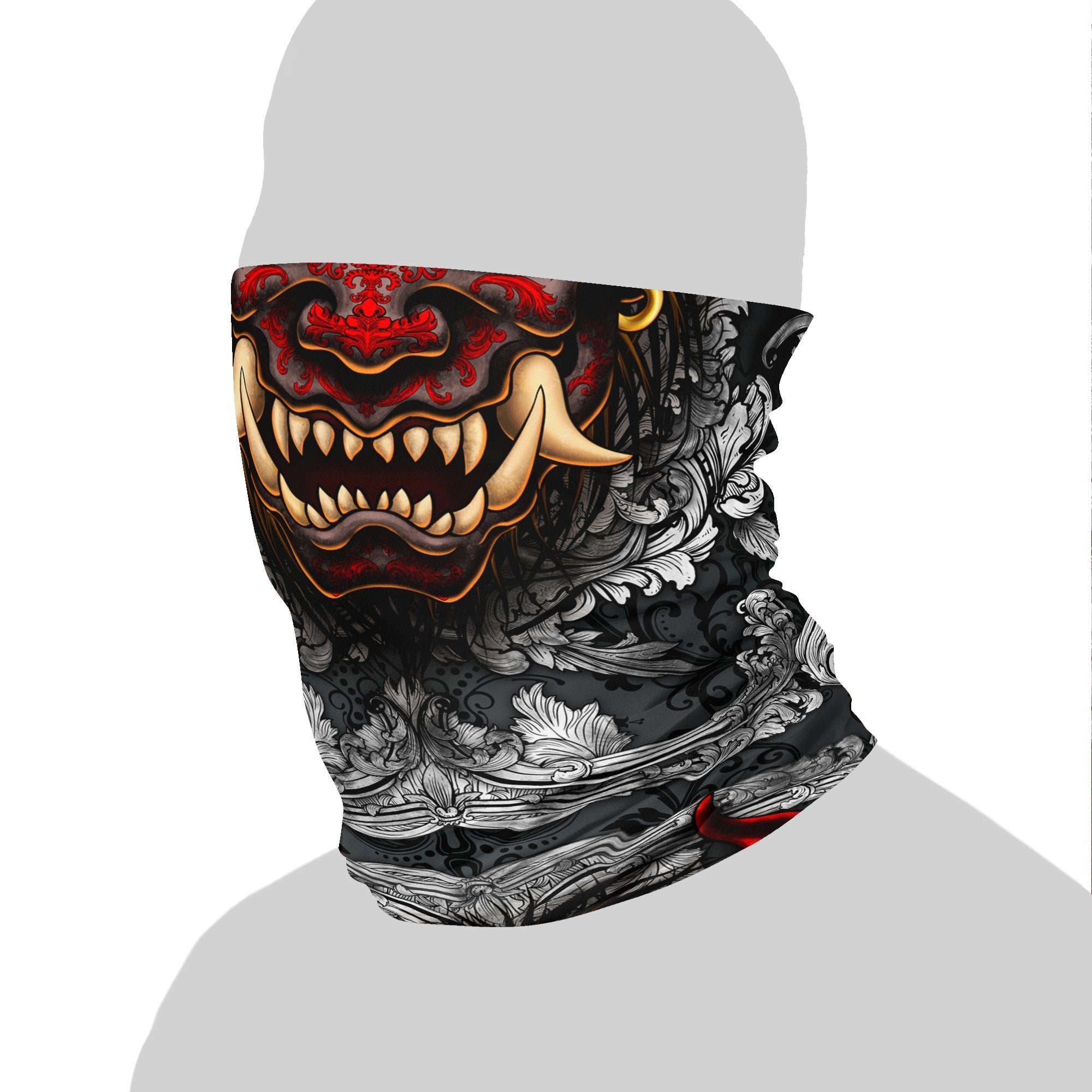 Oni Neck Gaiter, Face Mask, Head Covering, Japanese Demon, Street Outfit Outfit, Fangs, Horns Headband - Silver - Abysm Internal