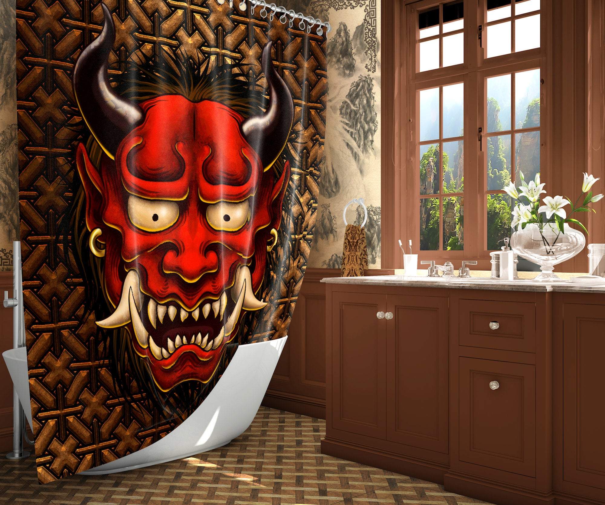 Oni Shower Curtain, Anime Bathroom Decor, Fantasy, Japanese Demon - Red - Abysm Internal