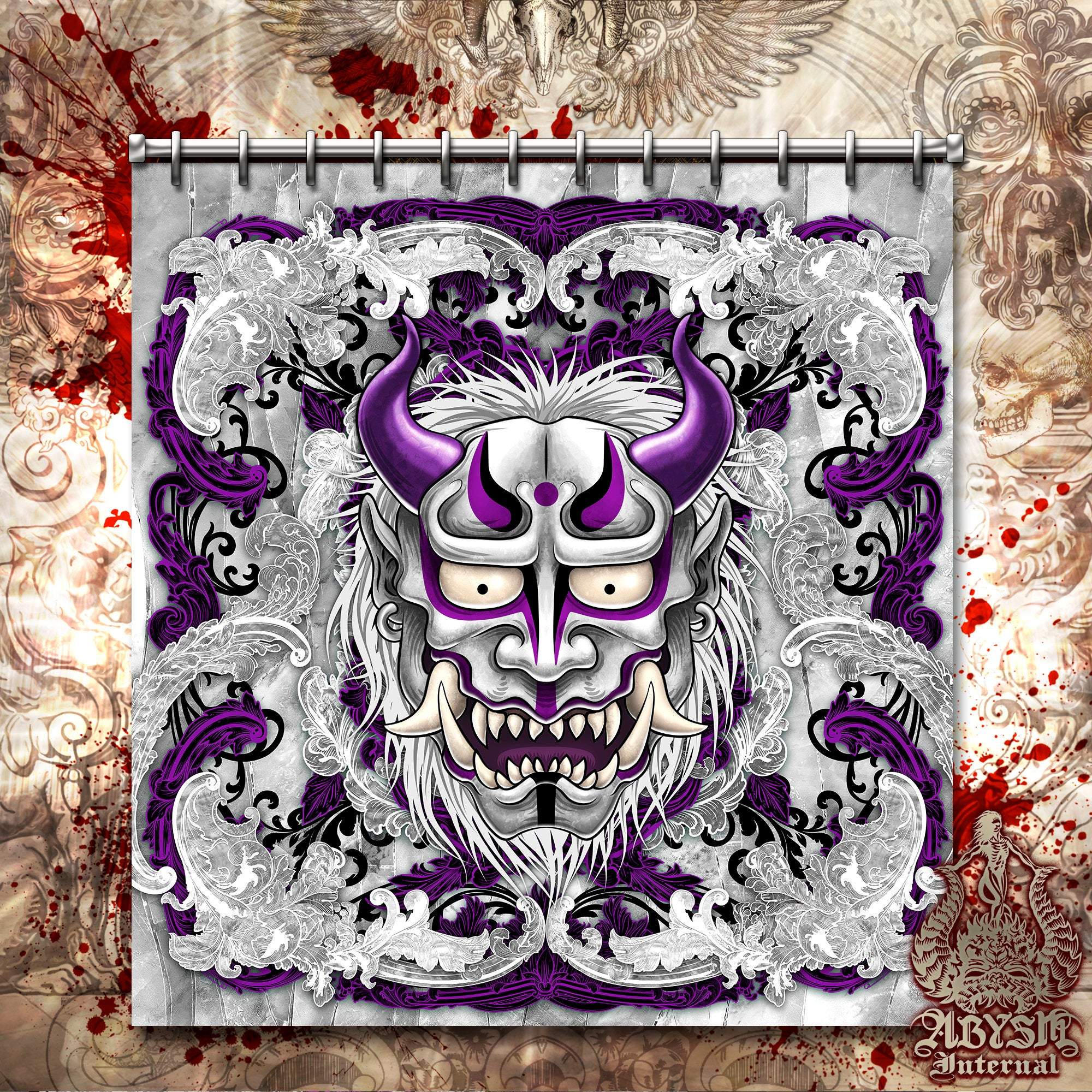 Oni Shower Curtain, Anime, Gothic Bathroom Decor, Purple & White Goth, Japanese Demon - Abysm Internal