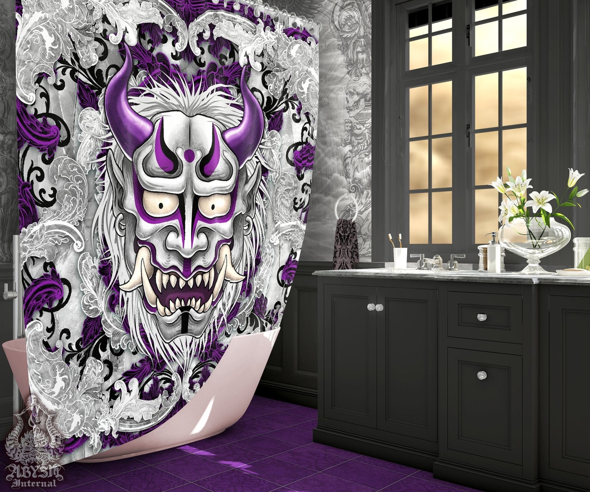 Oni Shower Curtain, Anime, Gothic Bathroom Decor, Purple & White Goth, Japanese Demon - Abysm Internal