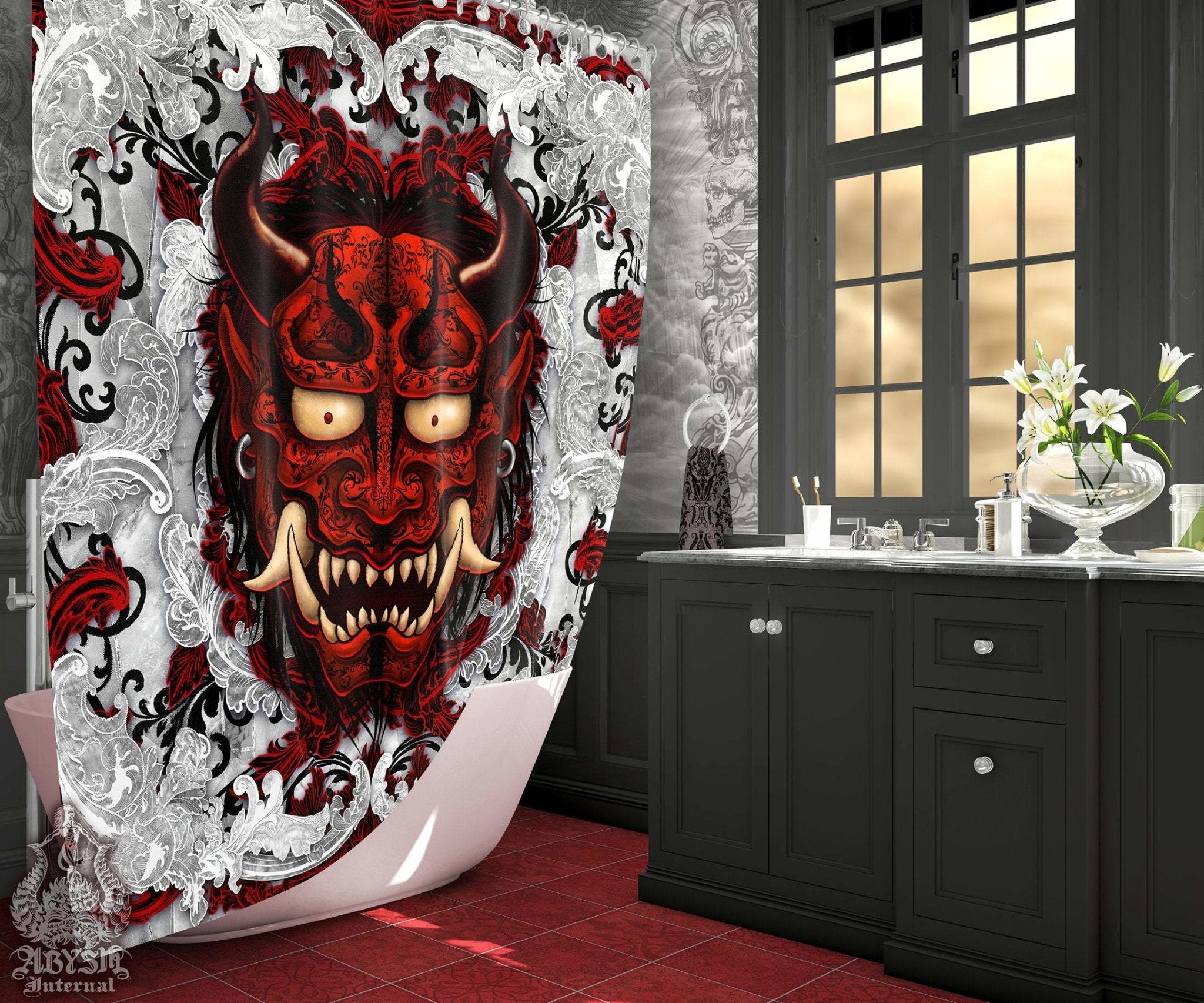 Oni Shower Curtain, Anime, Gothic Bathroom Decor, White Goth, Japanese Demon - Bloody - Abysm Internal