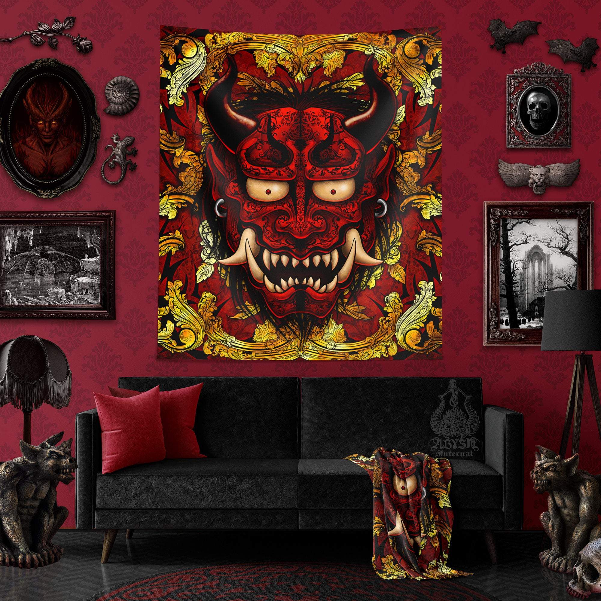Oni Tapestry, Goth Wall Hanging, Japanese Demon, Anime and Gamer Home Decor, Art Print - Gold & Red - Abysm Internal