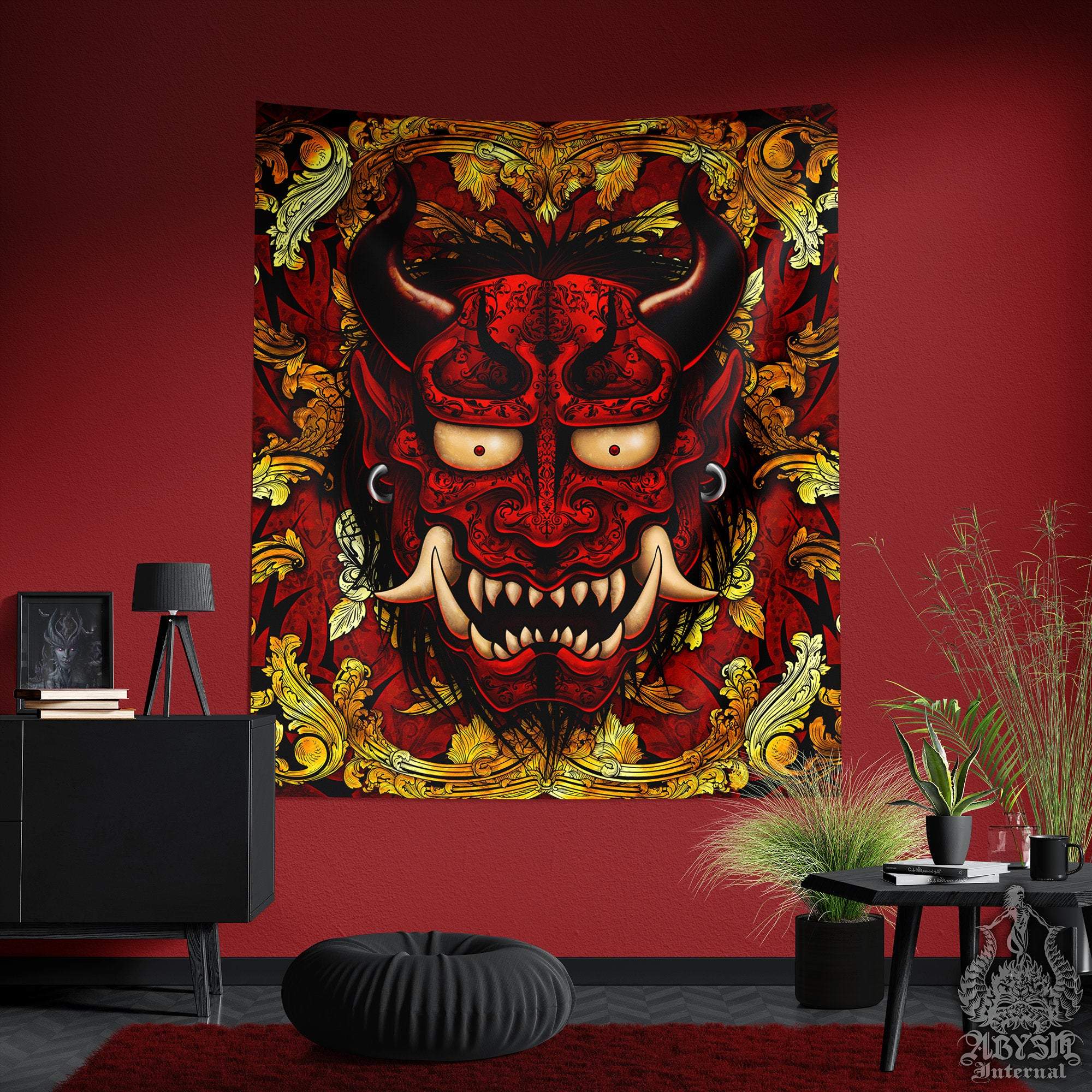 Oni Tapestry, Goth Wall Hanging, Japanese Demon, Anime and Gamer Home Decor, Art Print - Gold & Red - Abysm Internal