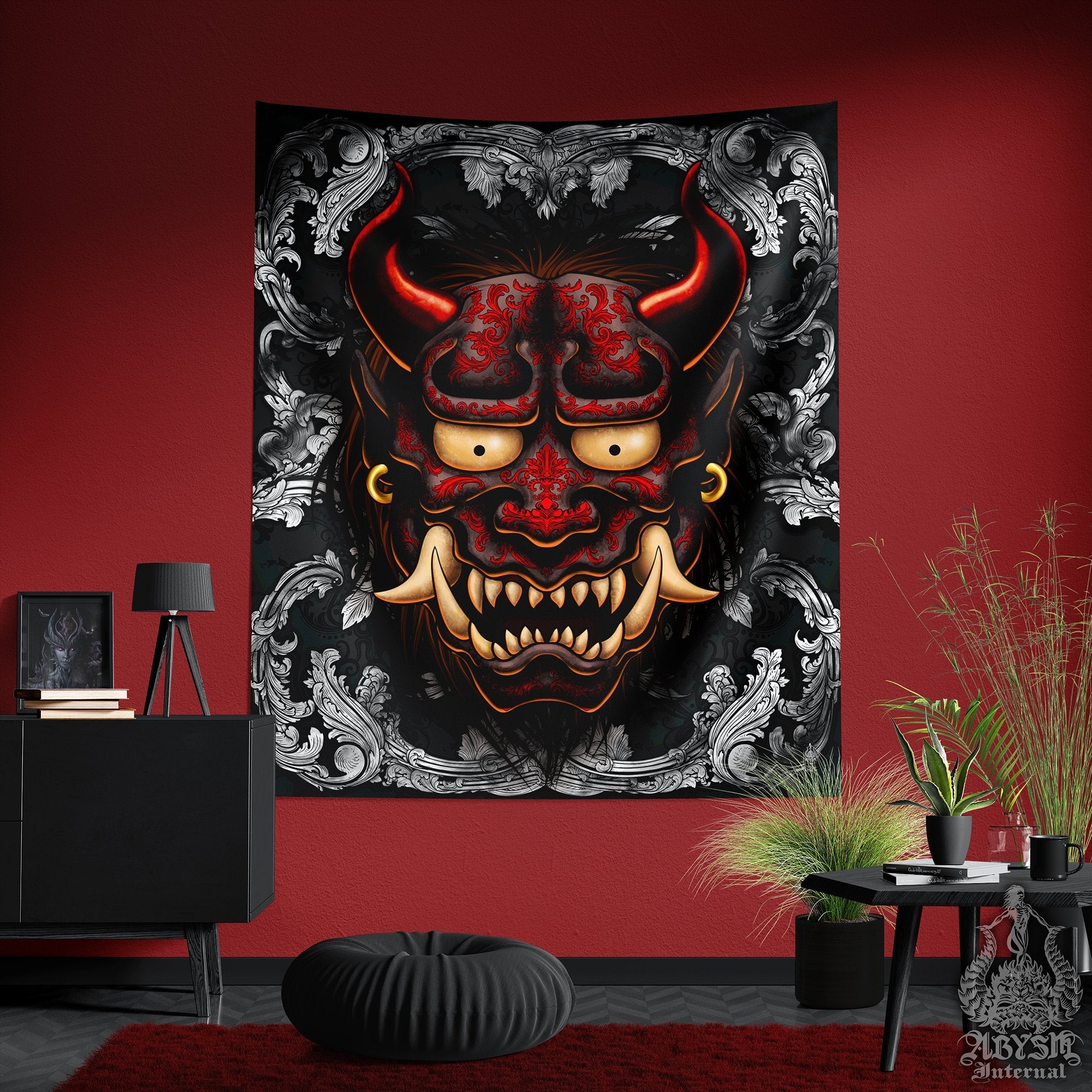 Oni Tapestry, Goth Wall Hanging, Japanese Demon, Gamer Home Decor, Art Print - Silver - Abysm Internal