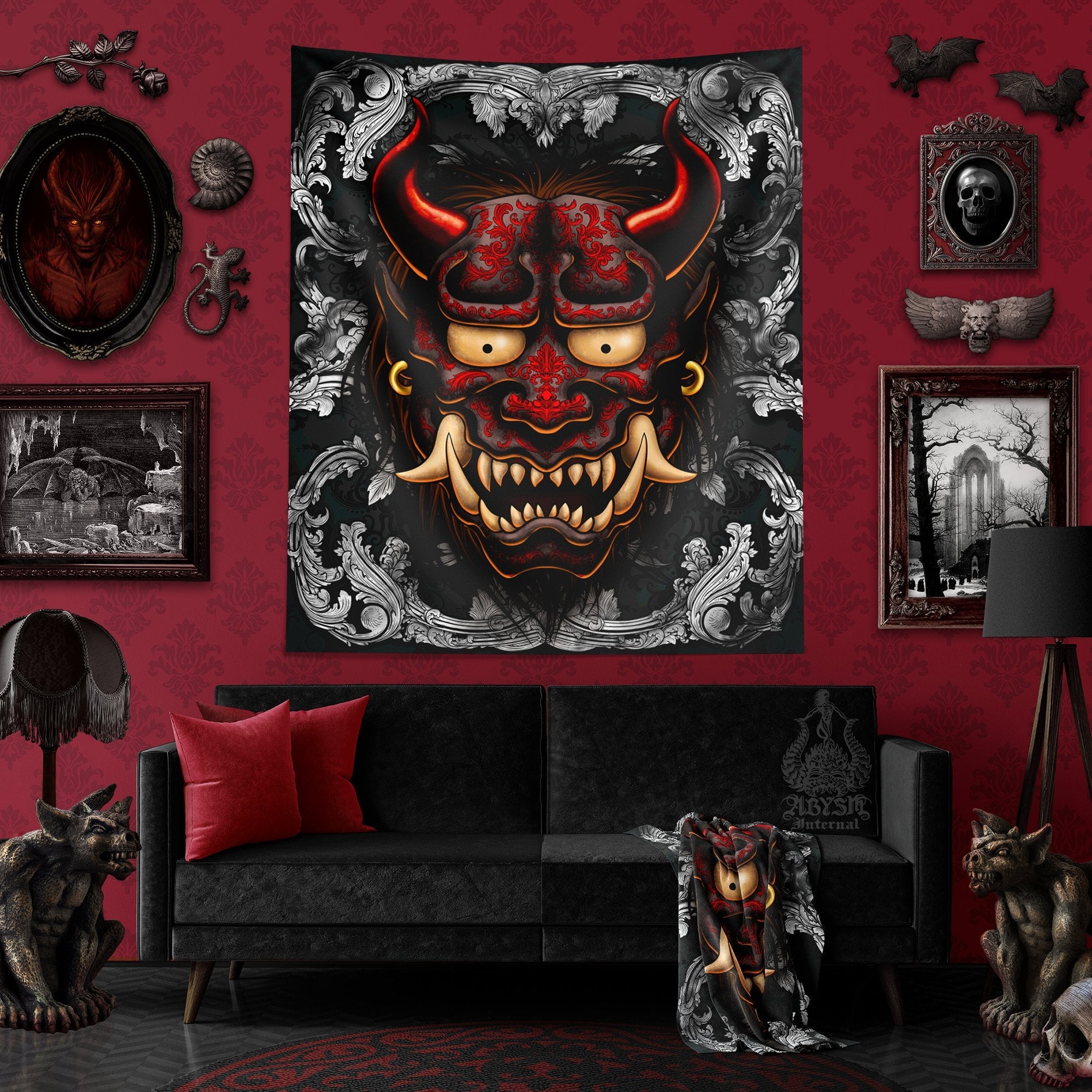 Oni Tapestry, Goth Wall Hanging, Japanese Demon, Gamer Home Decor, Art Print - Silver - Abysm Internal