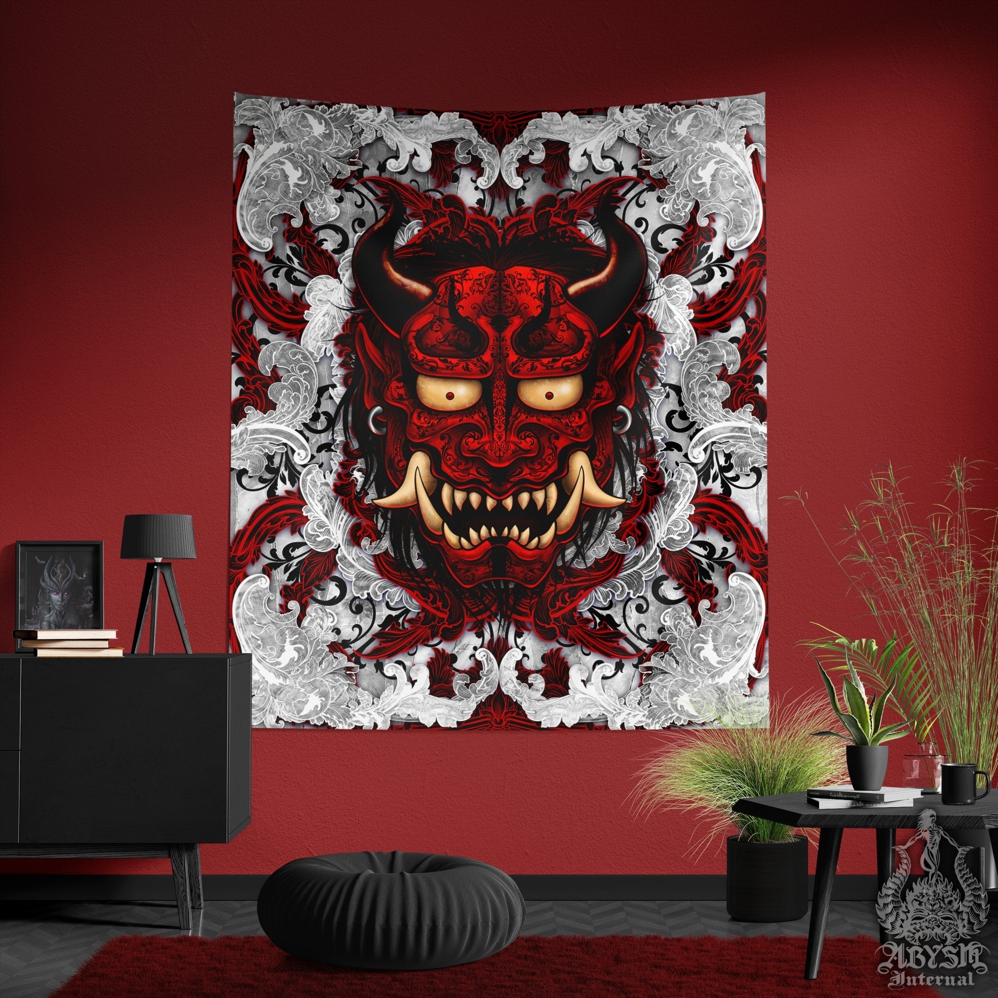 Oni Tapestry, Gothic Wall Hanging, Gamer Home Decor, Art Print, Japanese Demon - Bloody - Abysm Internal