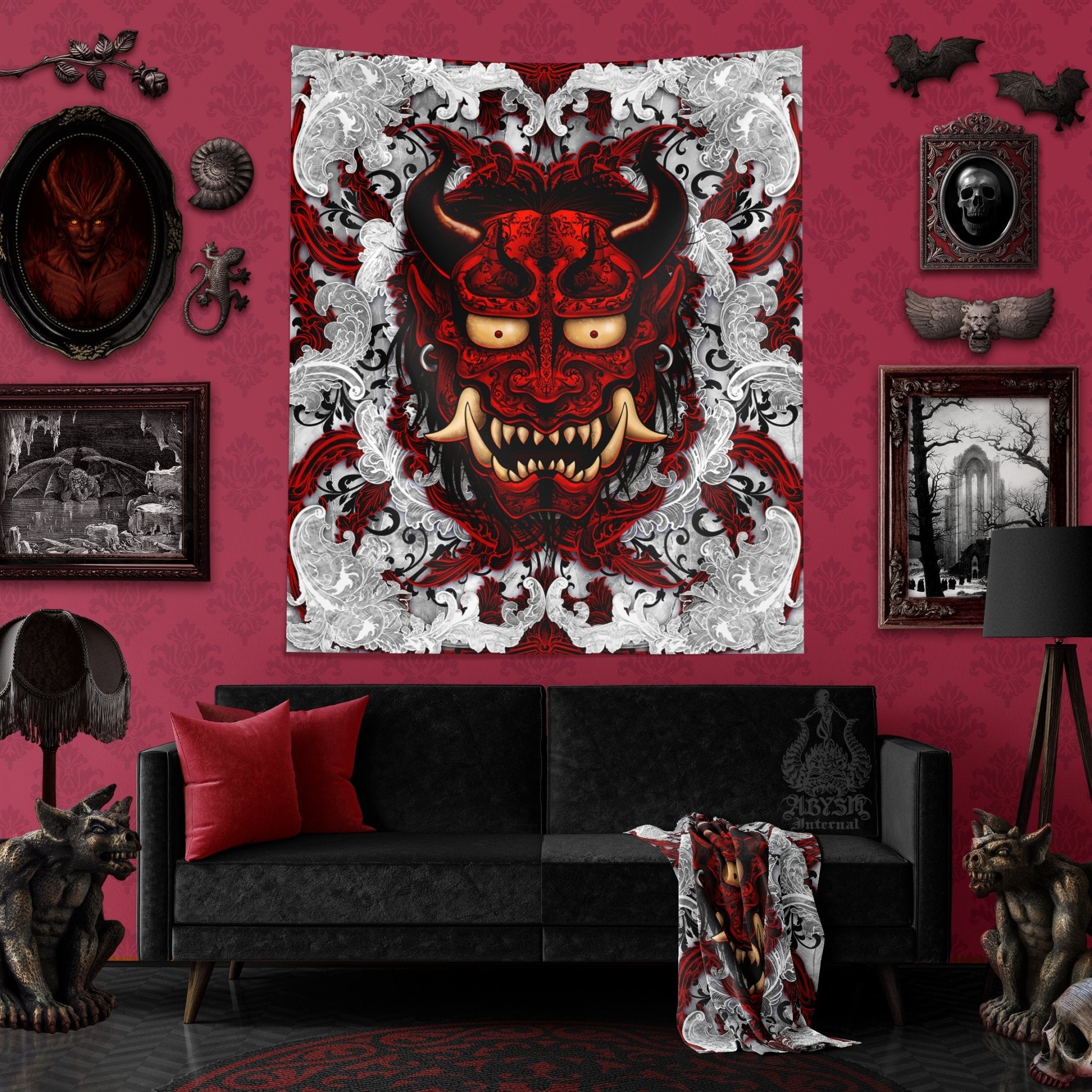 Oni Tapestry, Gothic Wall Hanging, Gamer Home Decor, Art Print, Japanese Demon - Bloody - Abysm Internal