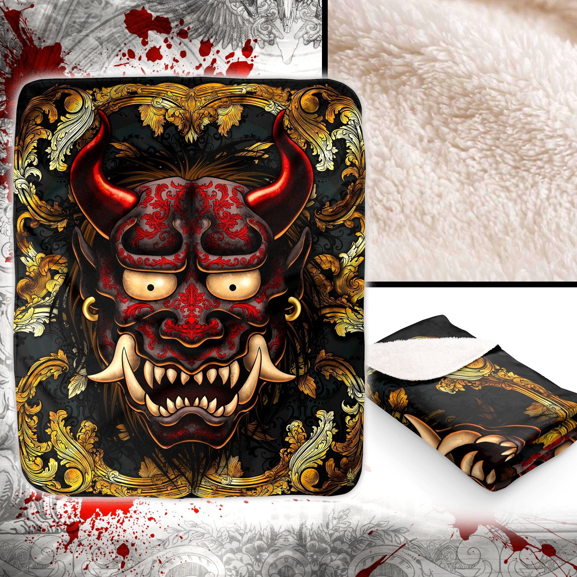 Oni Throw Fleece Blanket, Japanese Demon, Alternative and Goth Home Decor - Oni, Gold - Abysm Internal