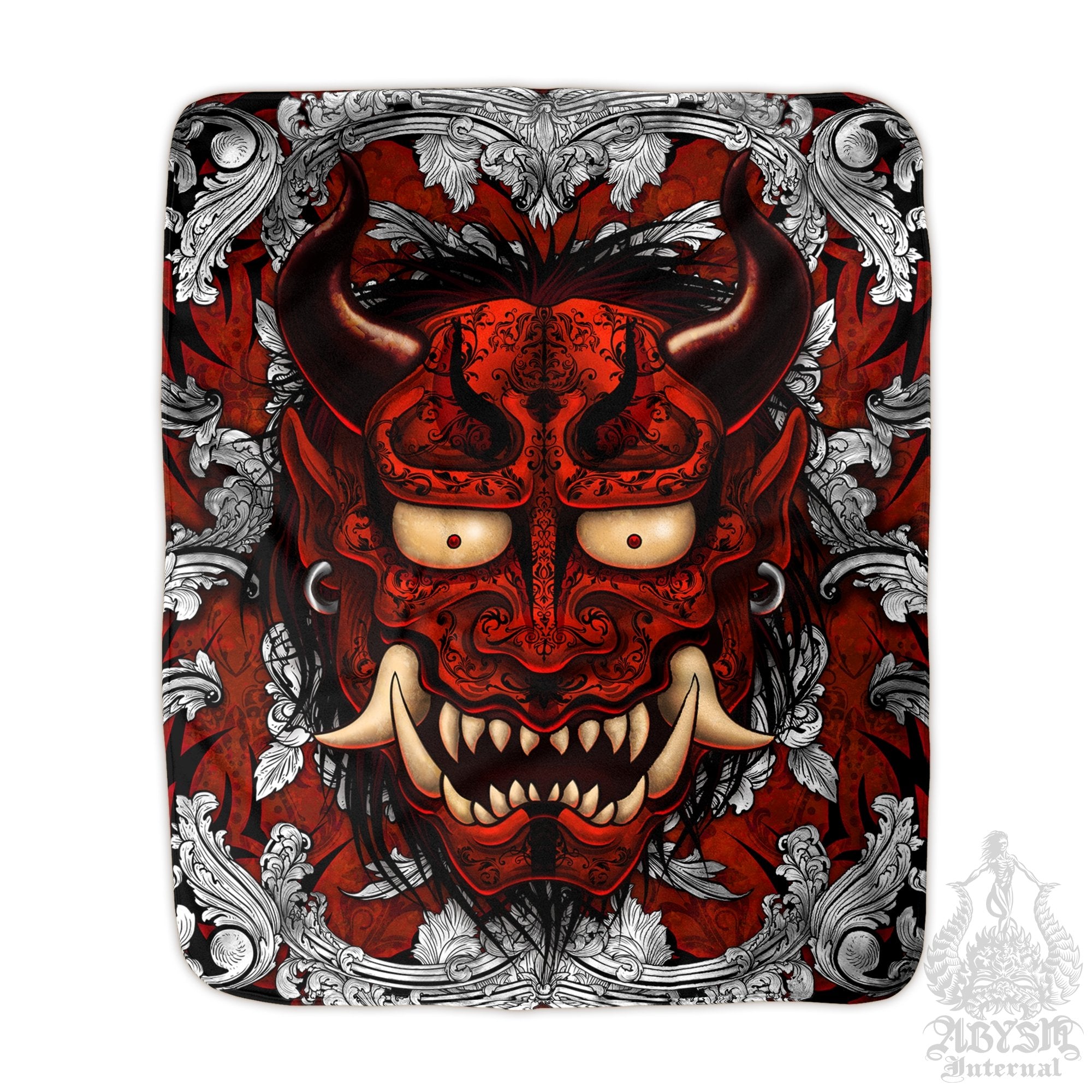 Oni Throw Fleece Blanket, Japanese Demon, Alternative and Goth Home Decor - Oni, Silver Red - Abysm Internal