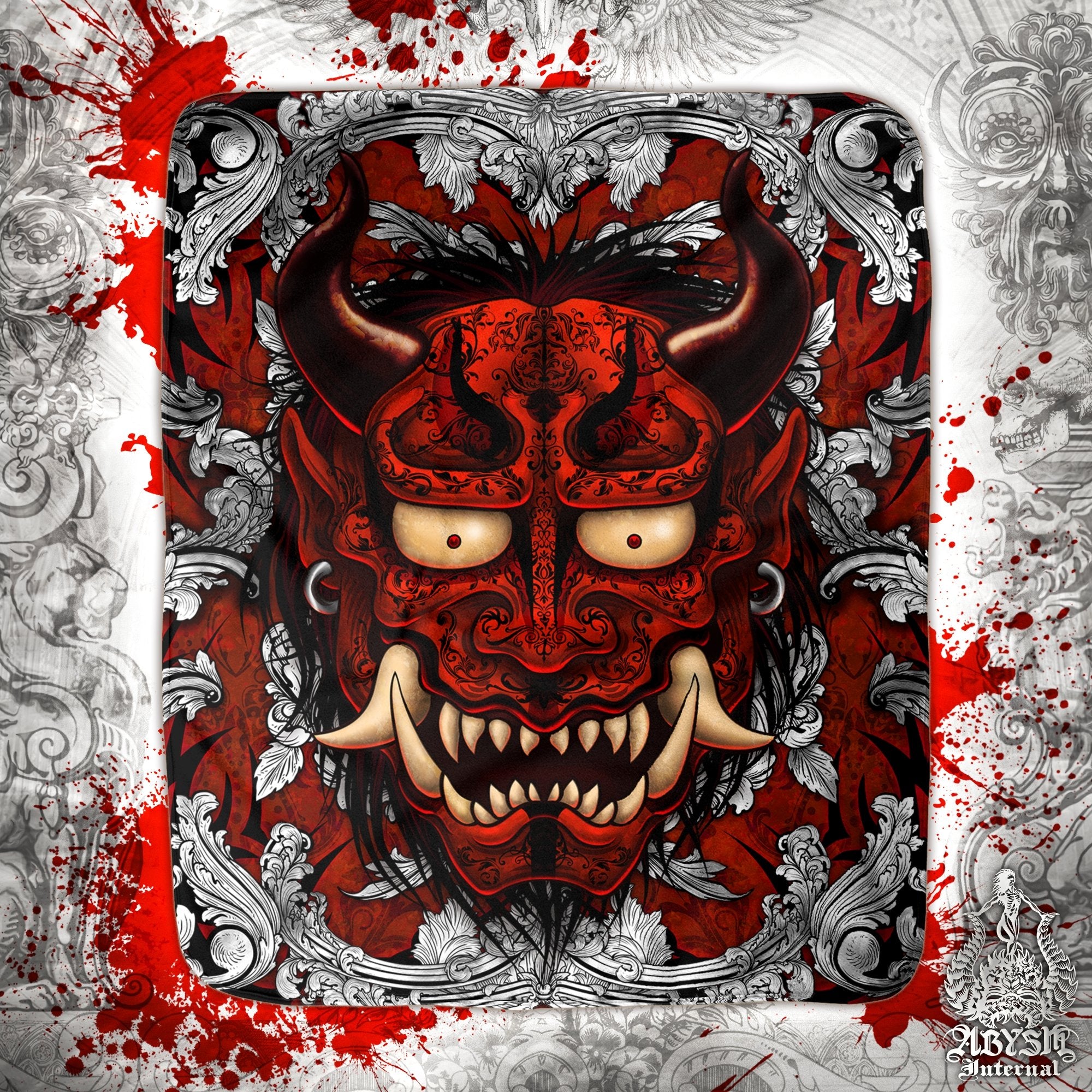 Oni Throw Fleece Blanket, Japanese Demon, Alternative and Goth Home Decor - Oni, Silver Red - Abysm Internal