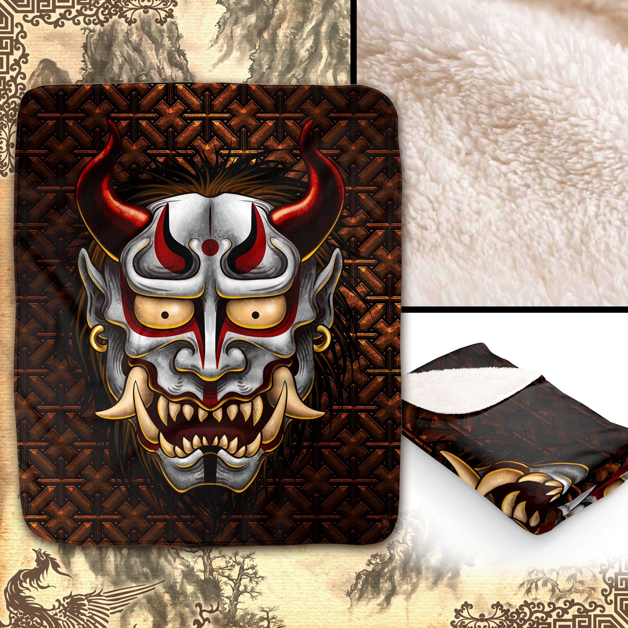 Oni Throw Fleece Blanket, Japanese Demon, Alternative Home Decor, Eclectic and Funky Gift - White - Abysm Internal