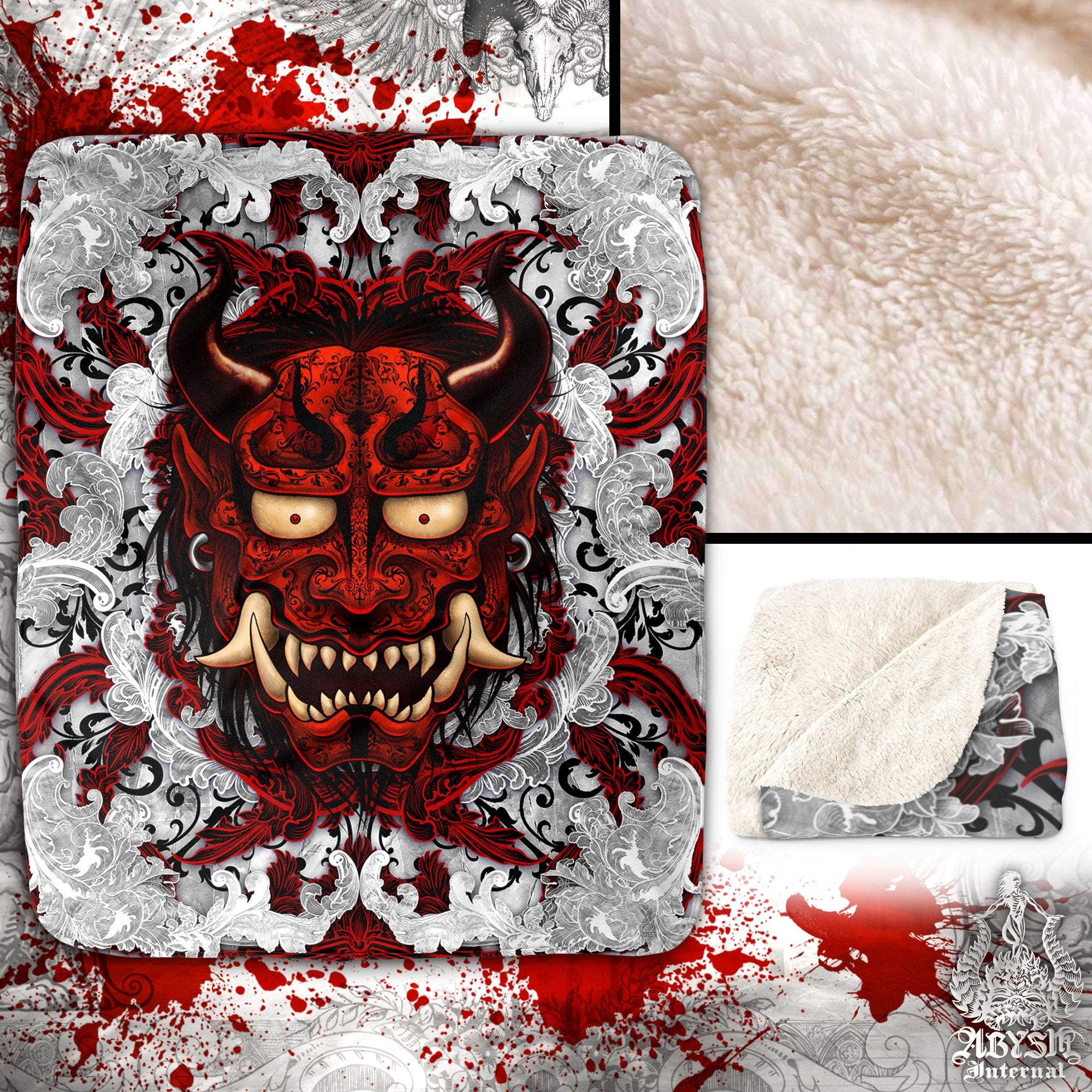 Oni Throw Fleece Blanket, Japanese Demon, Eclectic Home Decor - Bloody White Goth - Abysm Internal