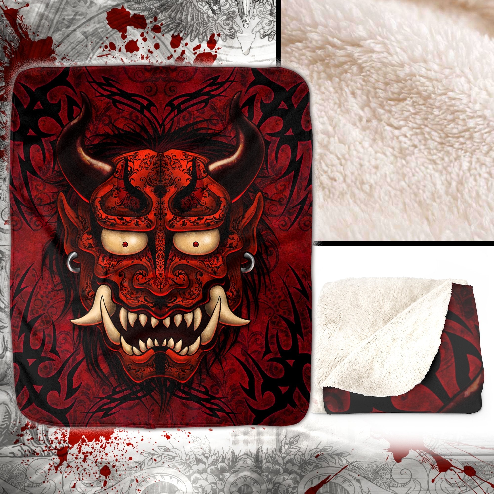 Oni Throw Fleece Blanket, Japanese Demon, Eclectic Home Decor, Tattoo style, Alternative Art Gift - Red and Black - Abysm Internal